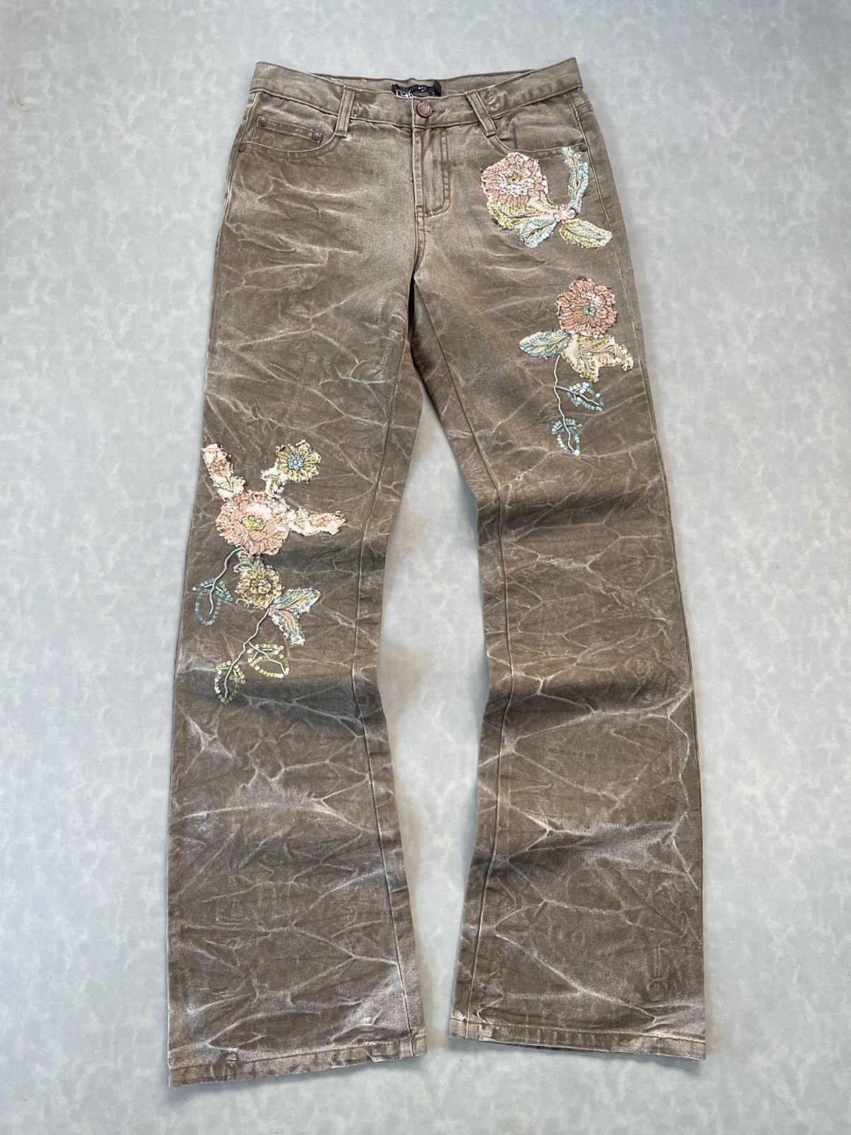 Japanese Brand 💥Y2k Crazy Whisker Flare💥 Japanese Brand Flower Embroidery Size US 31 - 1 Thumbnail