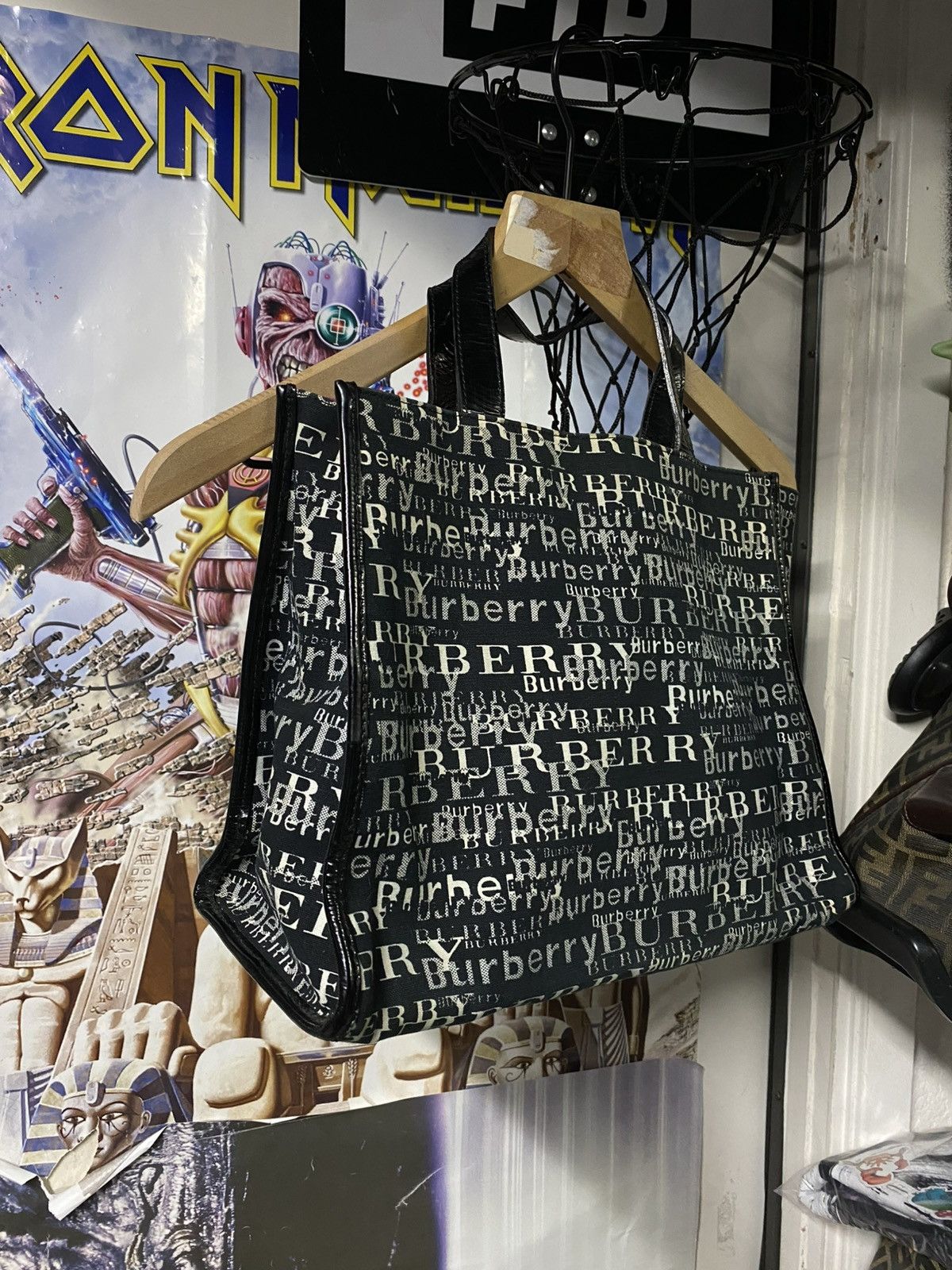 Burberry Spellout Logo Tote Bag Canvas Leather Handbag Y2K