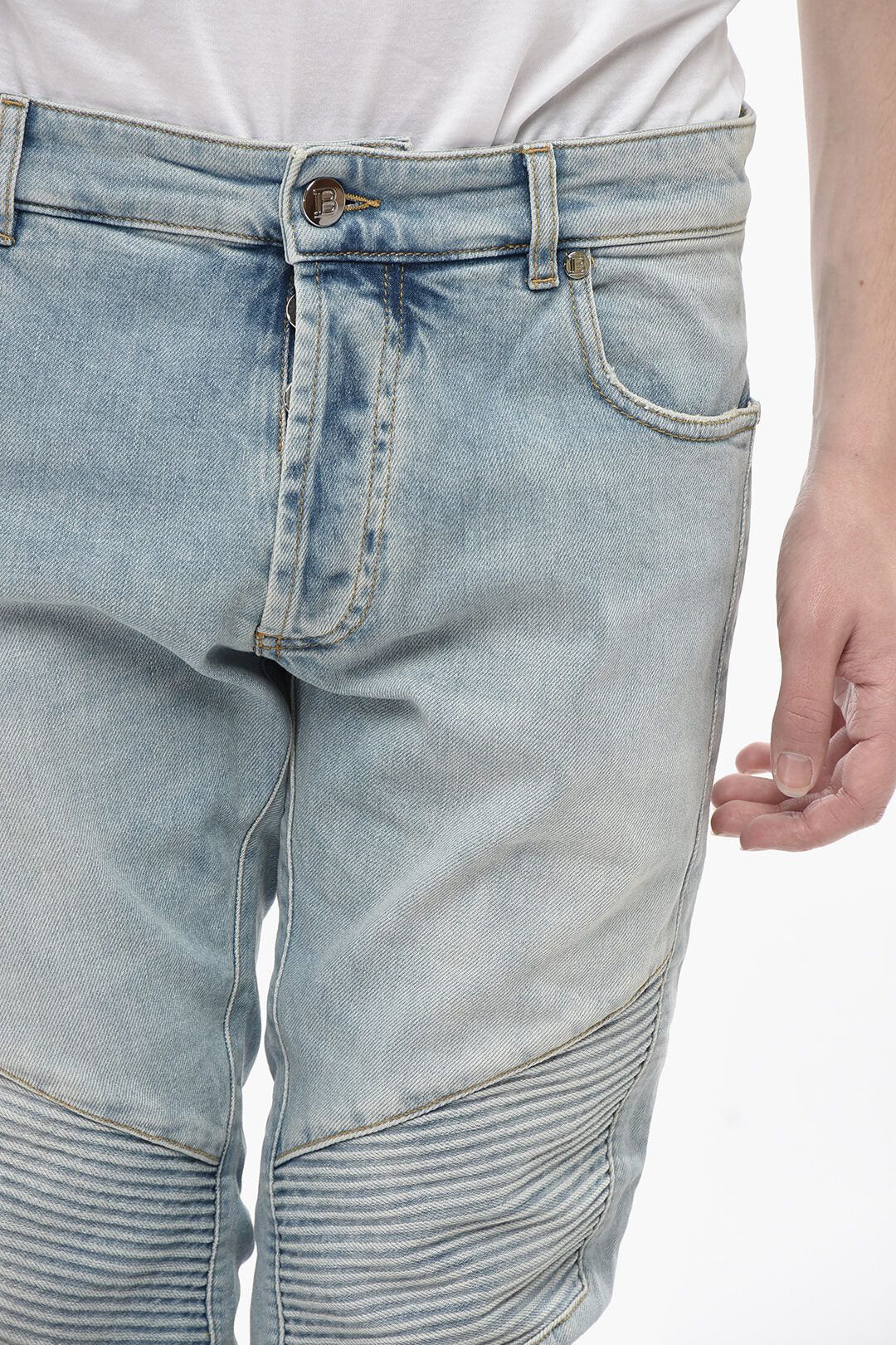 Balmain og1mm0326 Ribbed Slim Multi-cuts Jeans in Blue Size US 30 / EU 46 - 3 Thumbnail