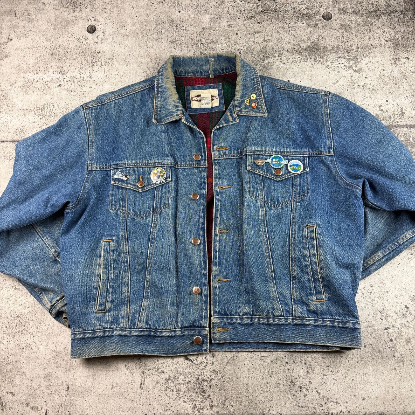 Sonoma Vintage Biker Jean Jacket Flannel Lined Patches & Pins Size US L / EU 52-54 / 3 - 1 Thumbnail