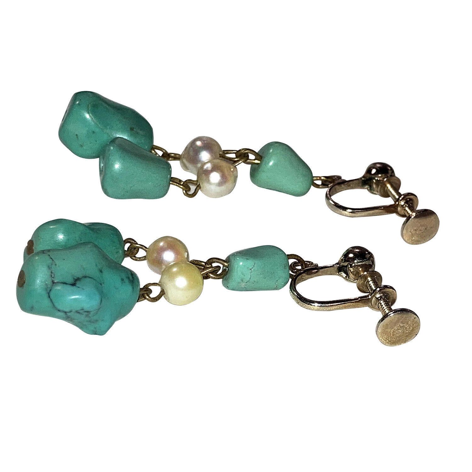 Designer Gold Chinese Turquoise & Natural Pearl Bead Dangle Earrings Size ONE SIZE - 2 Thumbnail