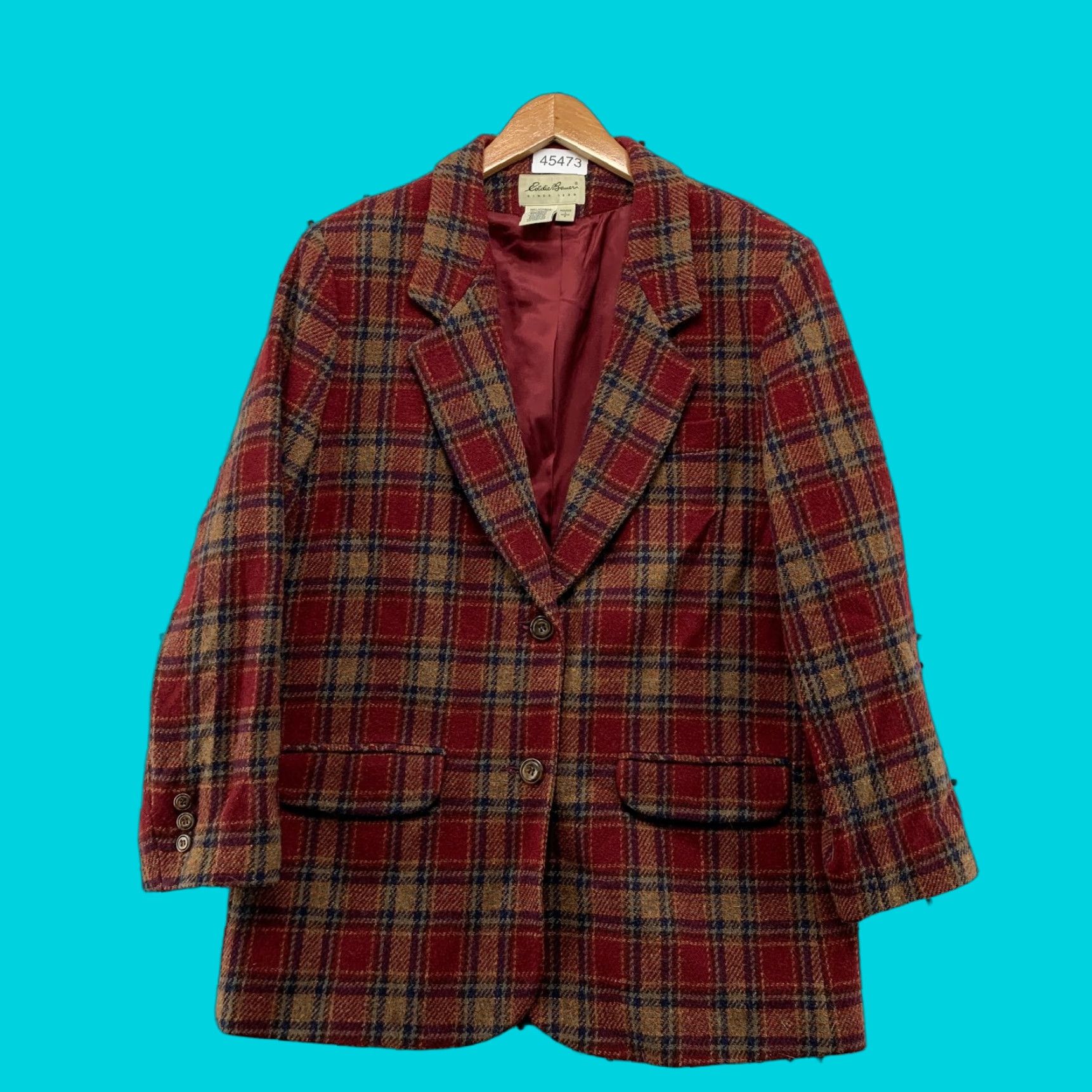 VINTAGE Eddie Bauer Wool Blazer Womens Large Red Plaid Boyfriend Academia Y2k