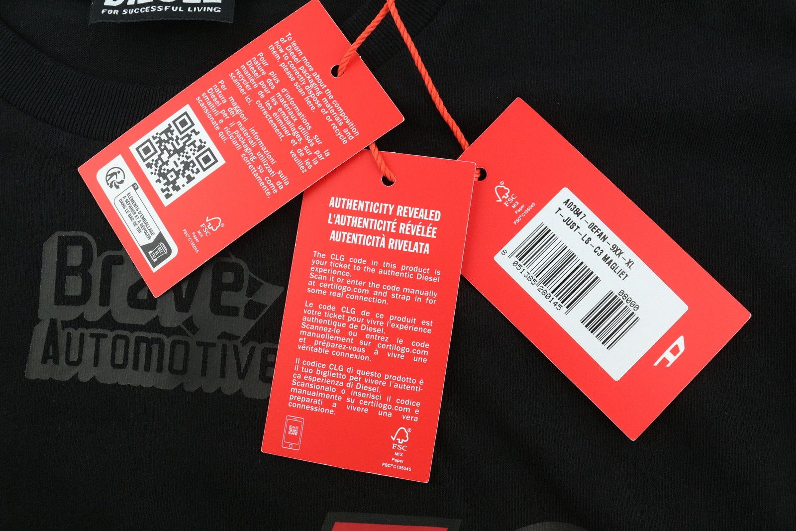 Diesel T-JUST-LS-C3 XL Black Cotton Tricot T-Shirt 40985 Size US XL / EU 56 / 4 - 9 Thumbnail