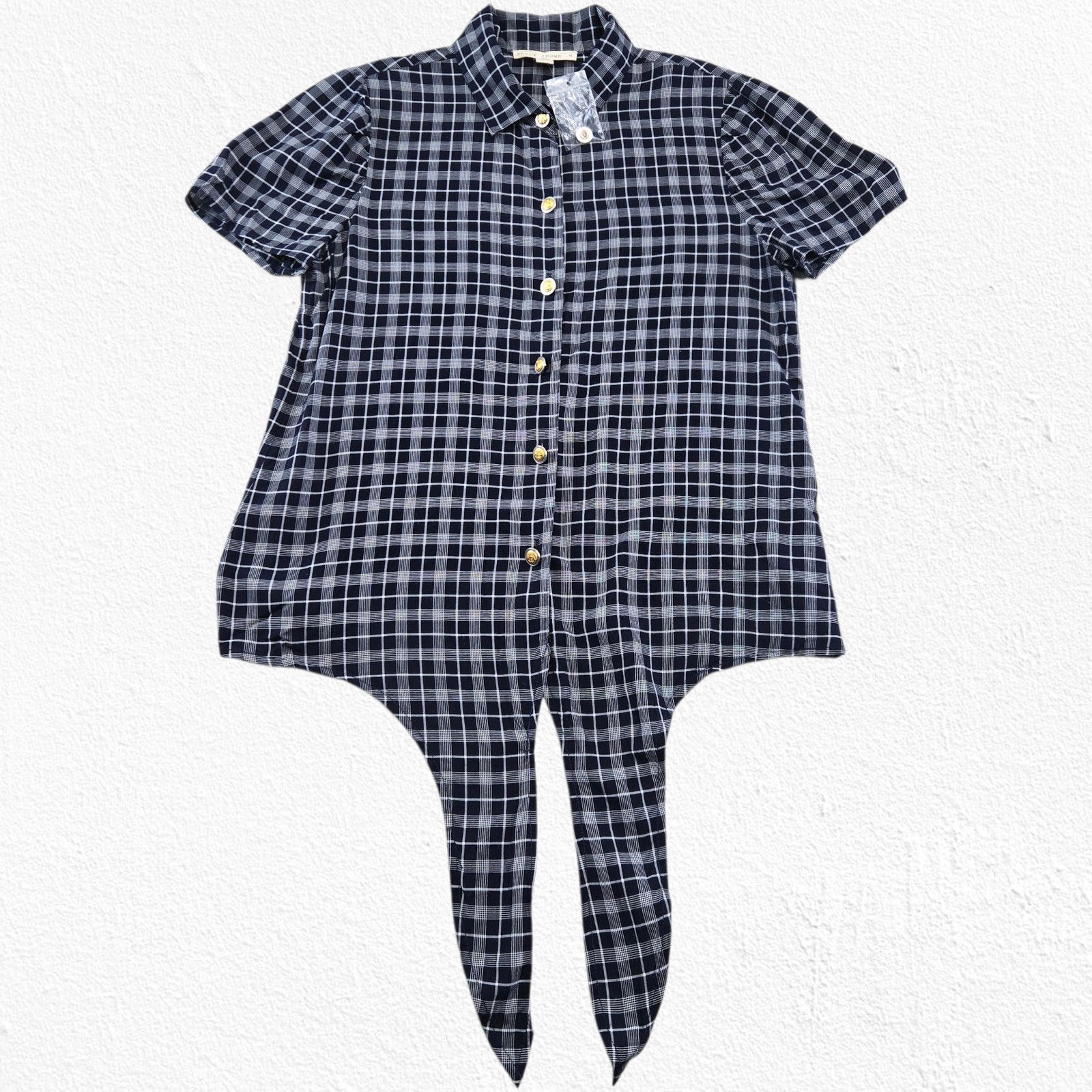 Other Paper Crown Navy Plaid Tie-Front Short Sleeve Top Size XS Size XS / US 0-2 / IT 36-38 - 2 Thumbnail