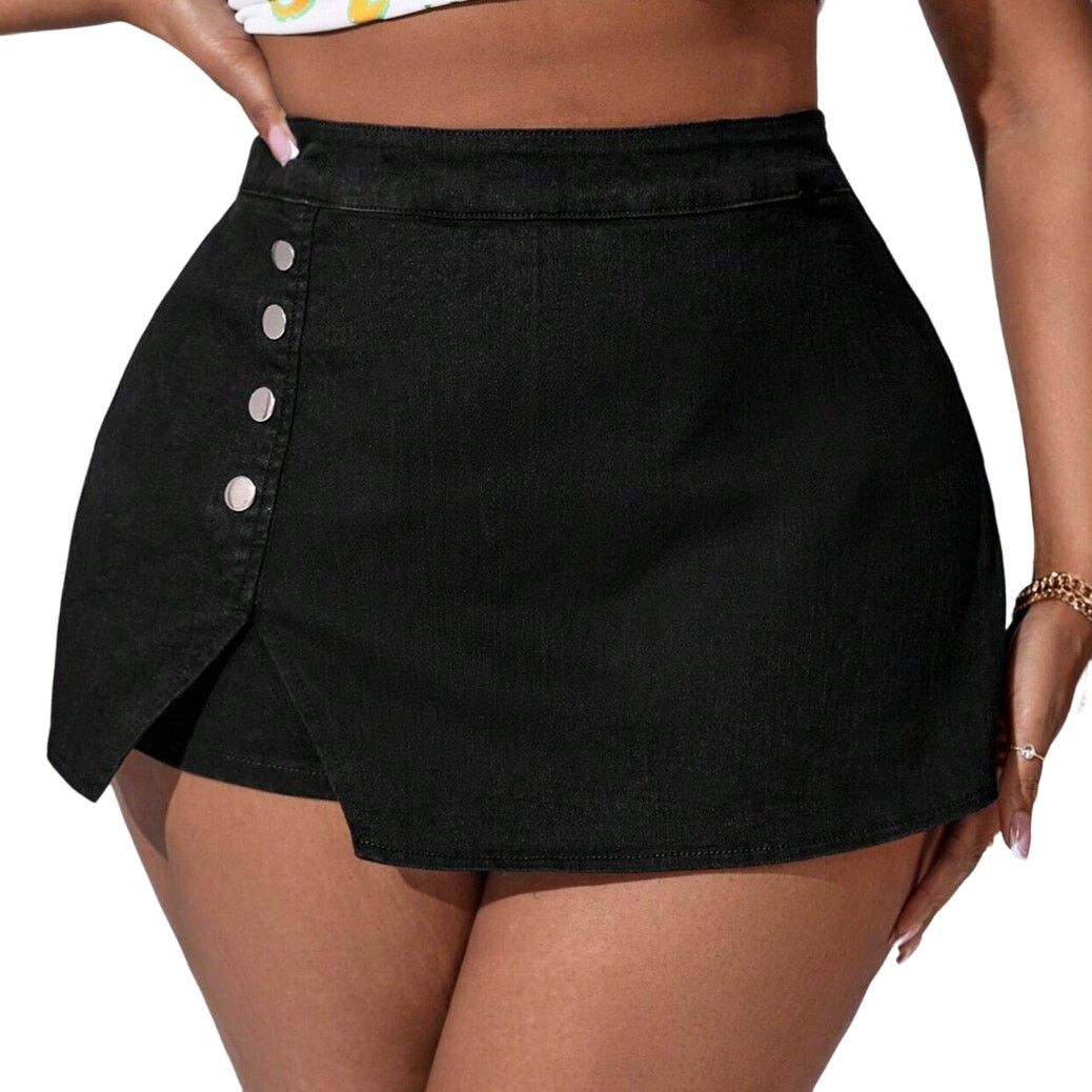Shein High Waisted Stretchy Plus Denim Skort in Black, Size 4XL Size 42" / US 20 - 1 Thumbnail