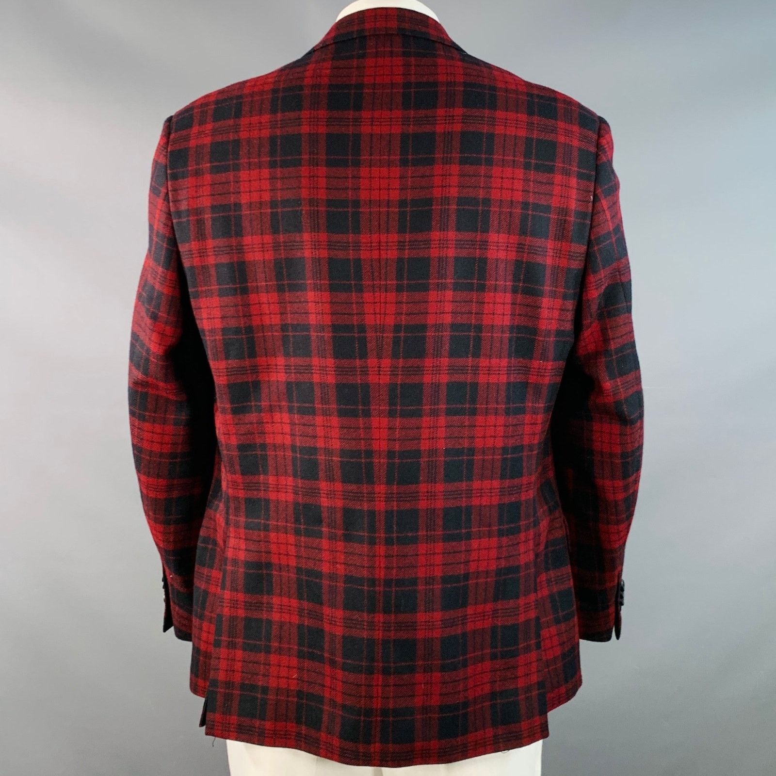 Paul Fredrick Red Black Plaid Wool Tailored Fit Notch Lapel Sport Coat Size 44R - 3 Thumbnail