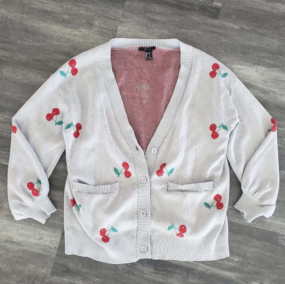 Forever 21 Light Blue Cherries F21 Cardigan Long Sleeve Size S / US 4 / IT 40 - 1 Thumbnail