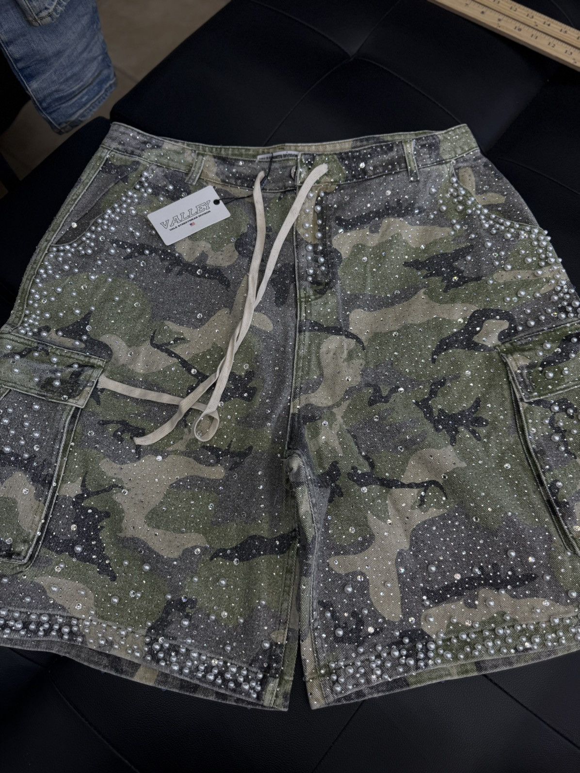 Vale Valley Rhinestone Crystal Shorts Denim Green Camo Size 34 Size US 34 / EU 50 - 1 Thumbnail