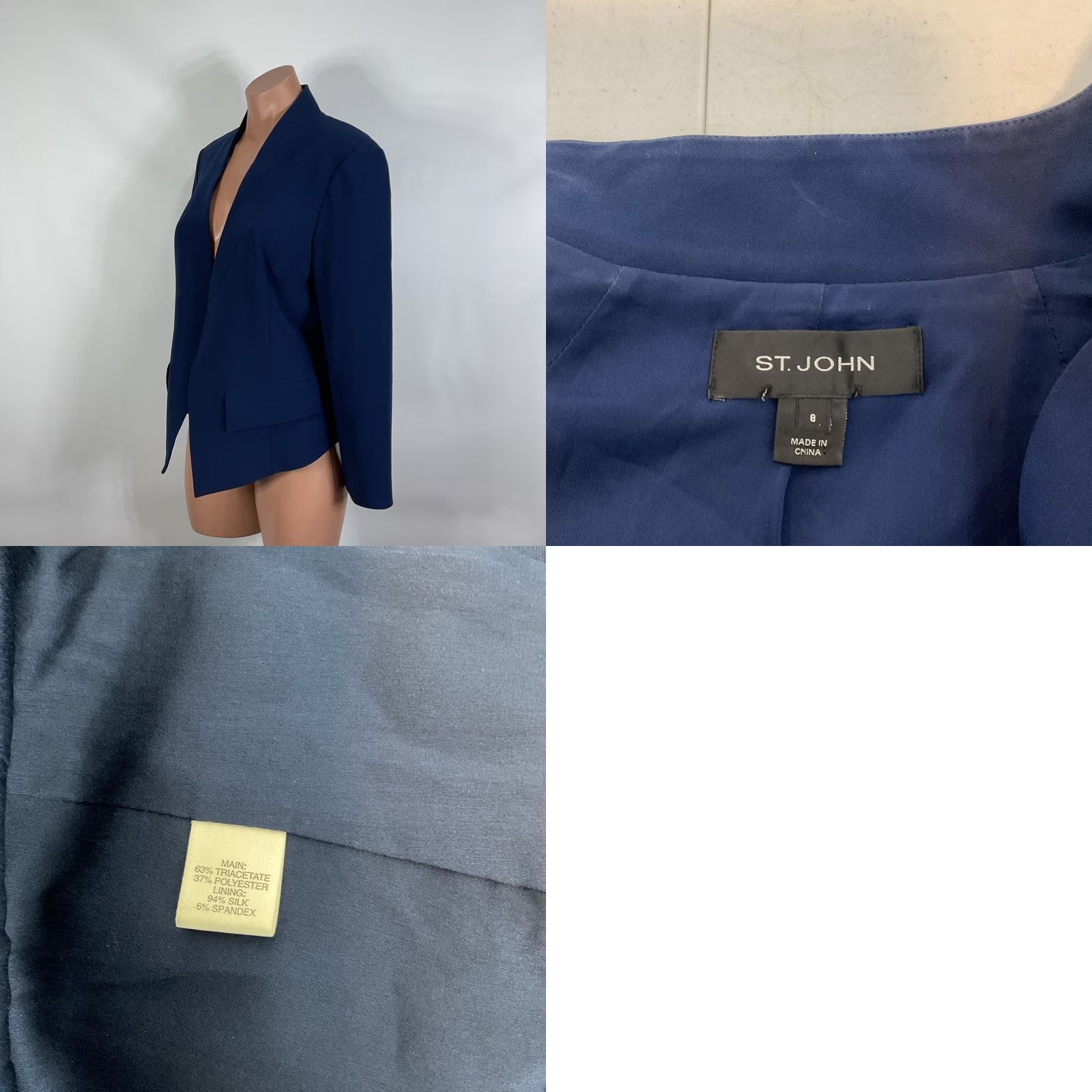 St. John St John Blazer 8 Navy Structured Short Open Front Light Shoulder Pads Triacetate Size 30" / US 8 / IT 44 - 8 Thumbnail