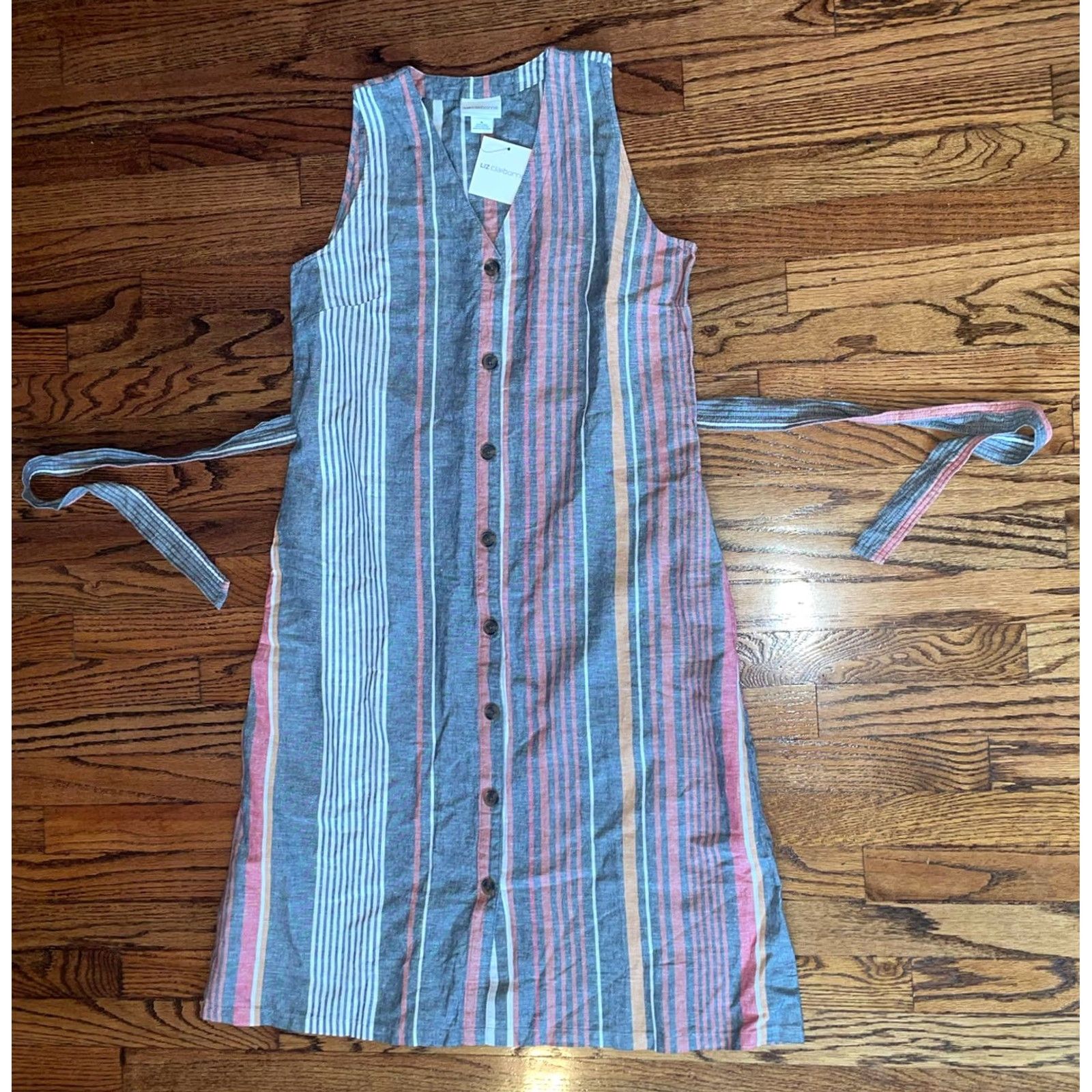 Liz Claiborne Liz Claiborne Maxi Dress Sleeveless V-Neck Multicolor Stripe M NWT Linen Cotton Knit Belted Button 2010-2019 Womens Size M / US 6-8 / IT 42-44 - 3 Thumbnail