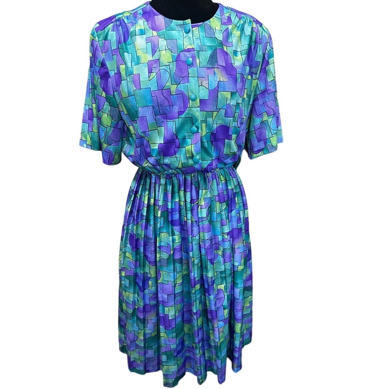 Vintage Vintage Anthony Richards Blue Green Geometric Dress Large 14 Size L / US 10 / IT 46 - 1 Thumbnail