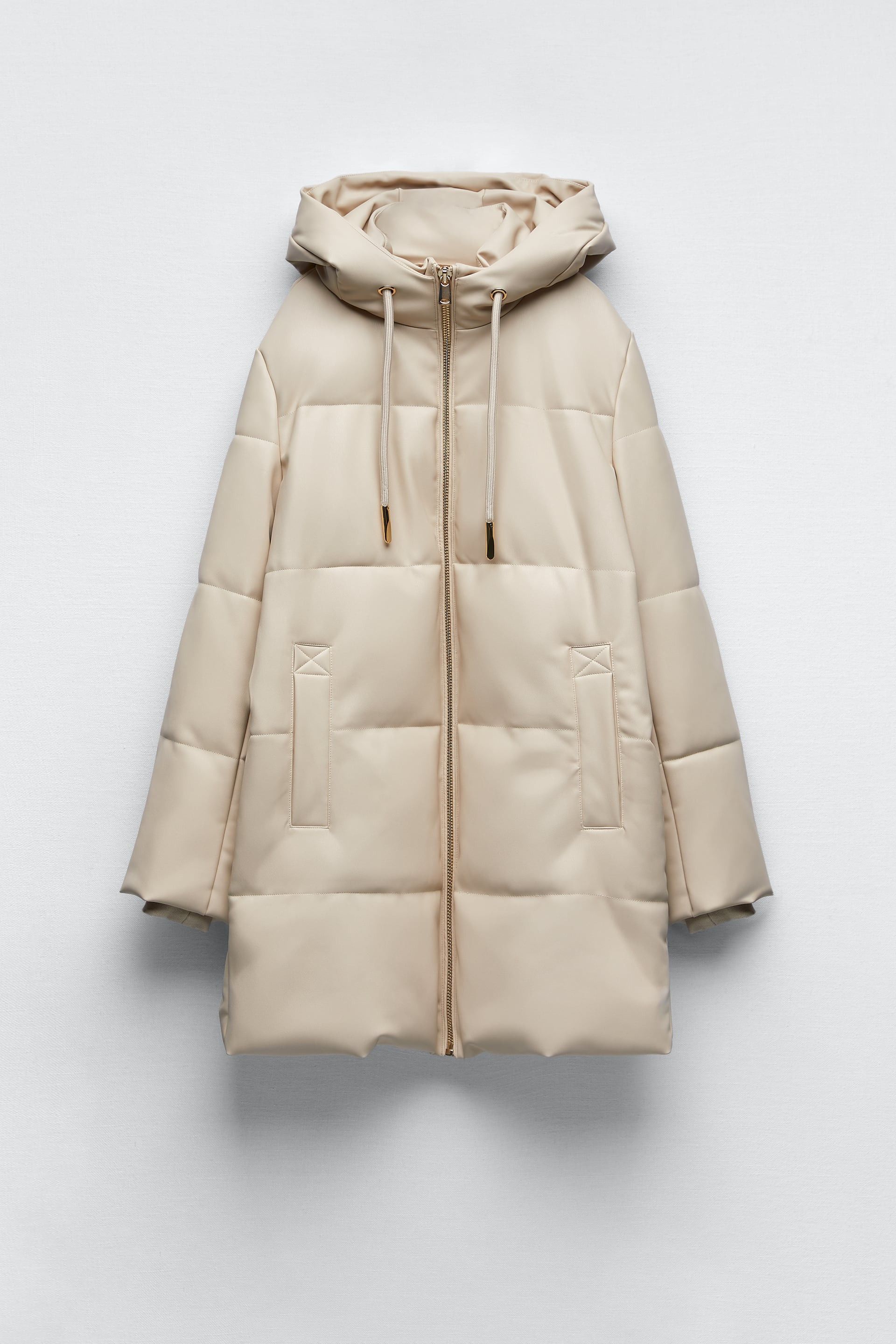 image of Zara - Wind Protection Faux Leather Puffer Coat in Ecru, Women's (Size Medium)