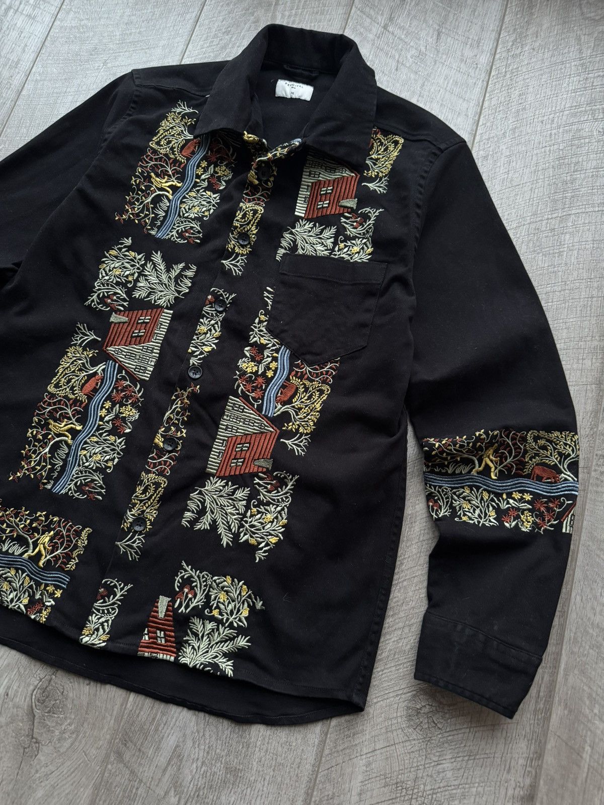 Percival Embroidered Black Heavy Cotton Folk Scenic Shirt