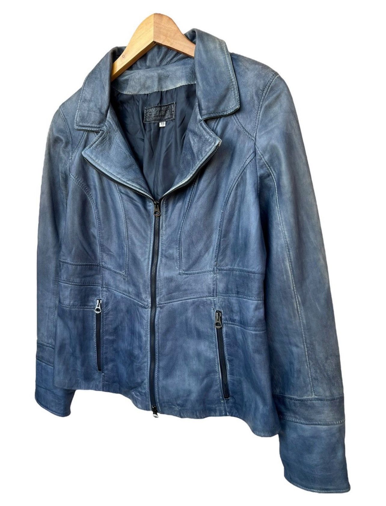 Japanese Brand Curge Italy Blue Sunfaded Biker Leather Jacket Size US S / EU 44-46 / 1 - 2 Thumbnail