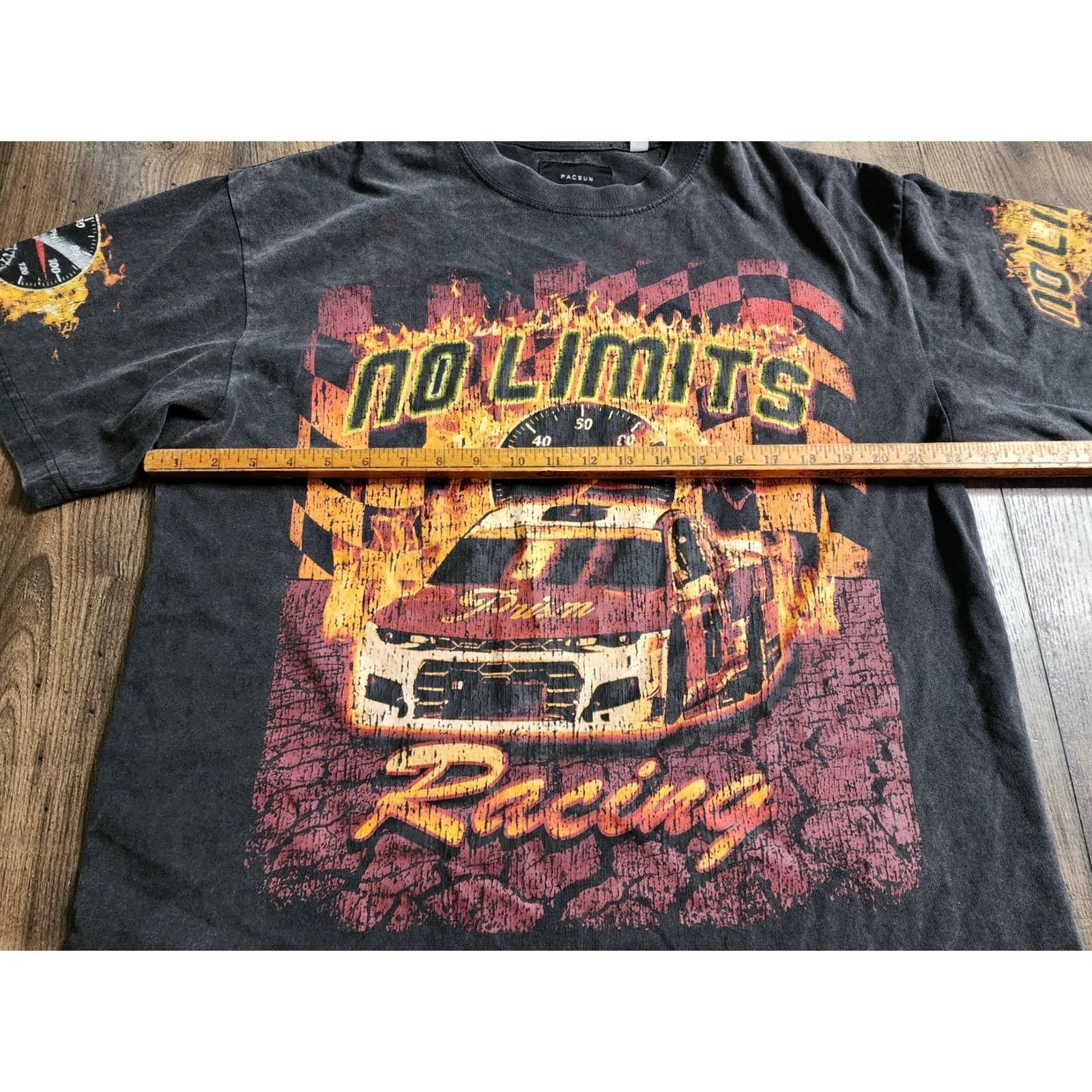 Pacsun Mens PacSun No Limits Racing Flames Oversized T Shirt All Over Print AOP Black Cotton Crew Neck Short Sleeve Logo Graphic Print L Mens Size US L / EU 52-54 / 3 - 3 Thumbnail
