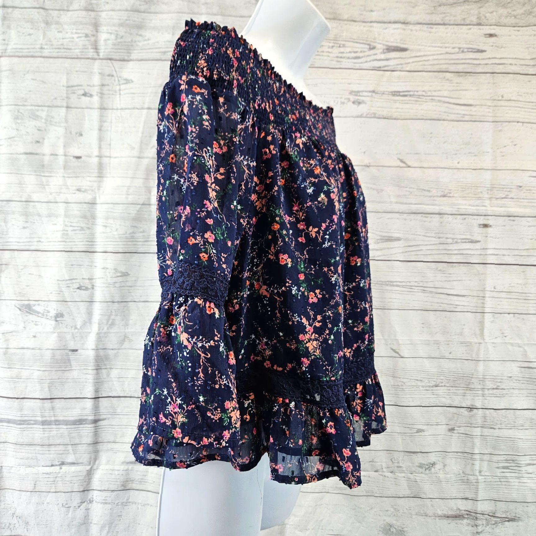 Vintage Skies Are Blue Womens Off The Shoulder Top Petite Small Blue Floral 3/4 Sleeve Blouse Size S / US 4 / IT 40 - 3 Thumbnail