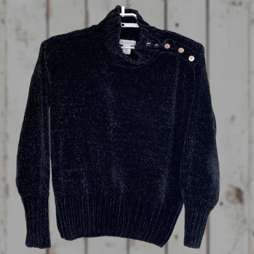 Cynthia Rowley Cynthia Rowley Chenille Sweater Womens Size Medium Black Mock Neck Long Sleeve Button Detail Left Shoulder Pullover Winter Fall Size M / US 6-8 / IT 42-44 - 1 Thumbnail