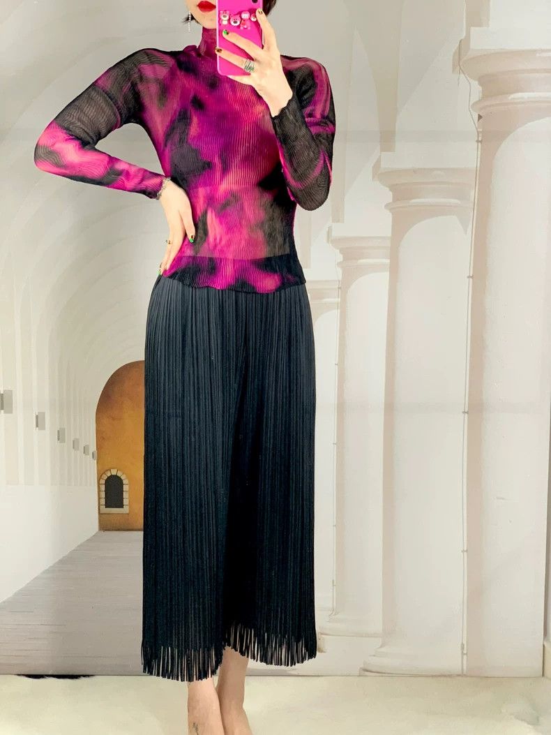 Issey Miyake Ink-wash rose red pleated top