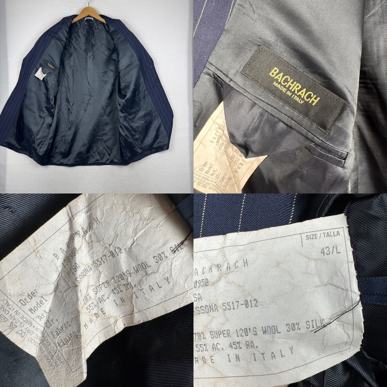 Vintage Bachrach Blazer Shirt: Mens 43 L Pisa Navy Blue Pin Stripe Super 120s Wool Silk Blazer Two Piece Notch Lapel 3-Button 4-Button Sleeve Size 46R - 9 Thumbnail