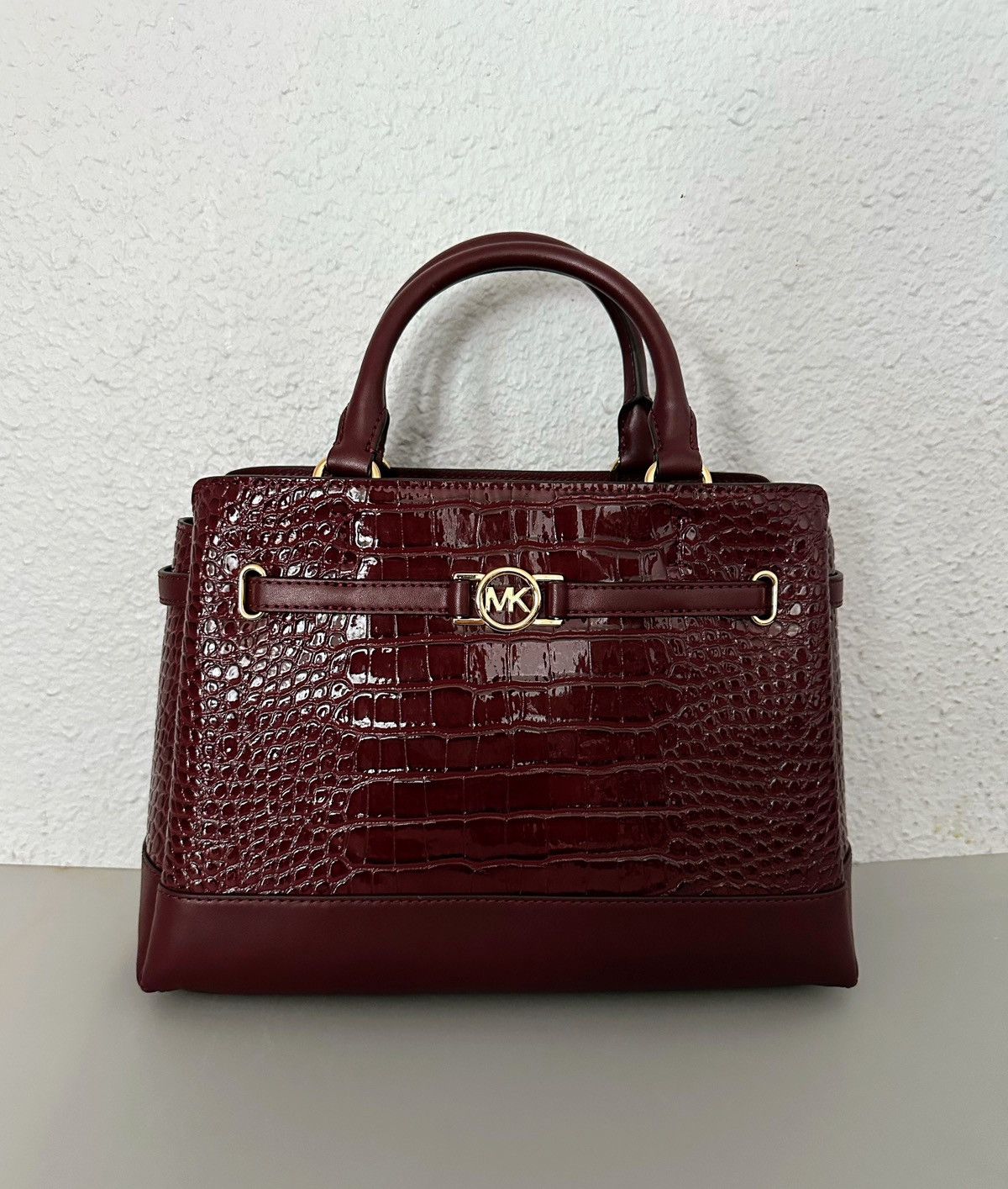 Michael Kors Reed Large Croc-Embossed Leather Belted Satchel Oxblood Size ONE SIZE - 5 Thumbnail