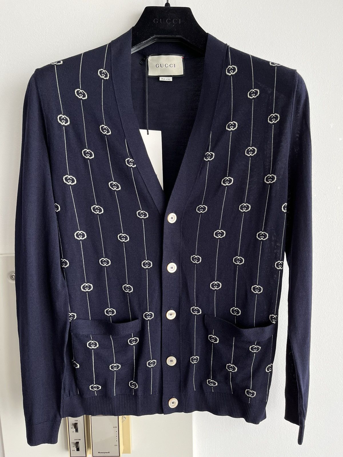 image of Gucci Super Runway GG Logo Wool Cardigan Sweater in Navy, Men's (Size Small)