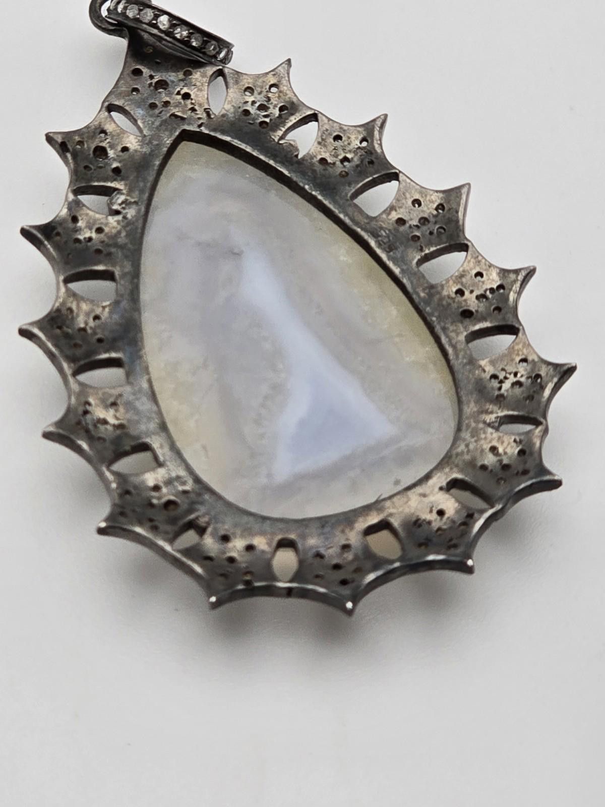 The Unbranded Brand Oxidized Sterling Silver Banded Agate Pendant w Diamonds Size ONE SIZE - 9 Thumbnail