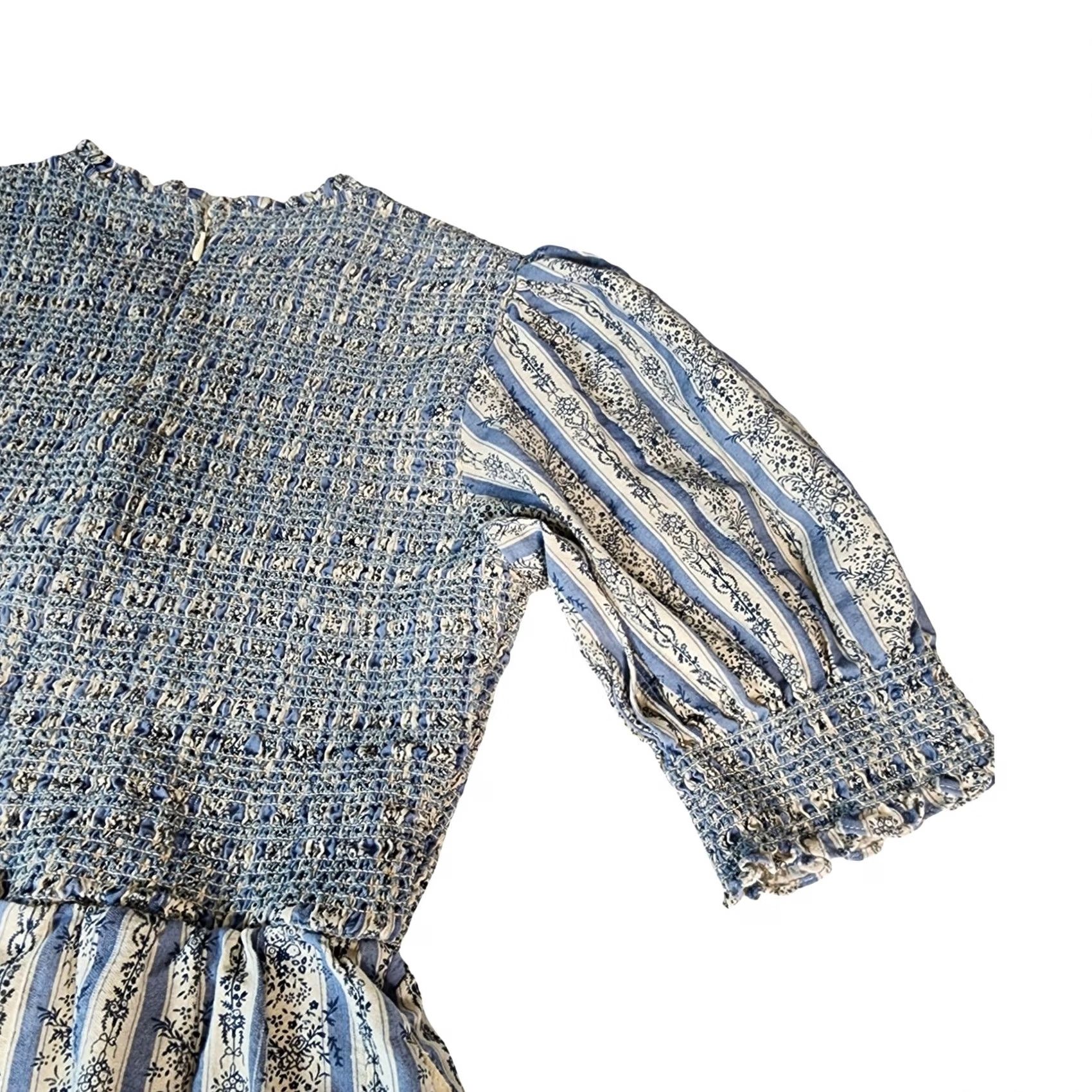 Vintage Aureum Blue Floral Stripe Smocked Mini Dress XS Women Cotton Short Puff Sleeve Zip Back Zipper Pockets Lined Bohemian Flower Spring Summer Vintage N/A Size 26" / US 2 / IT 38 - 7 Thumbnail