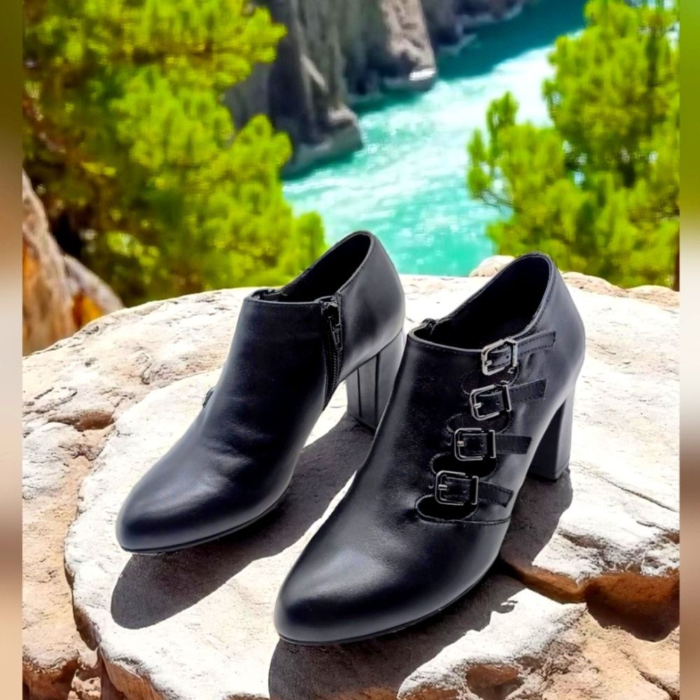Designer Chic David Tate Black Pause Leather Block Heel Shooties Boo Size US 4 / IT 34 - 1 Thumbnail