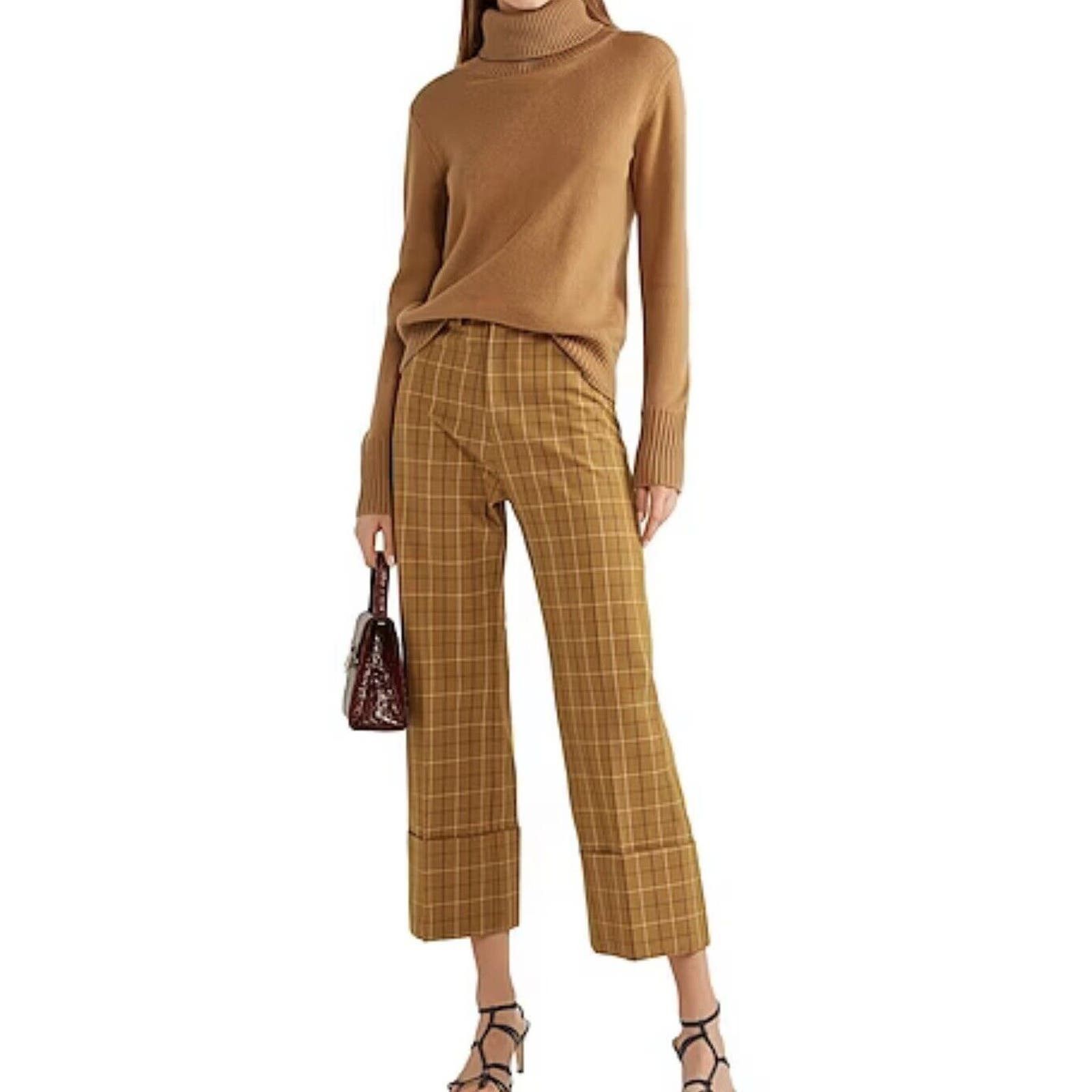 image of Sea New York Wide Leg Deep Cuff Pants Tan Brown Beige Plaid, Women's (Size 30)