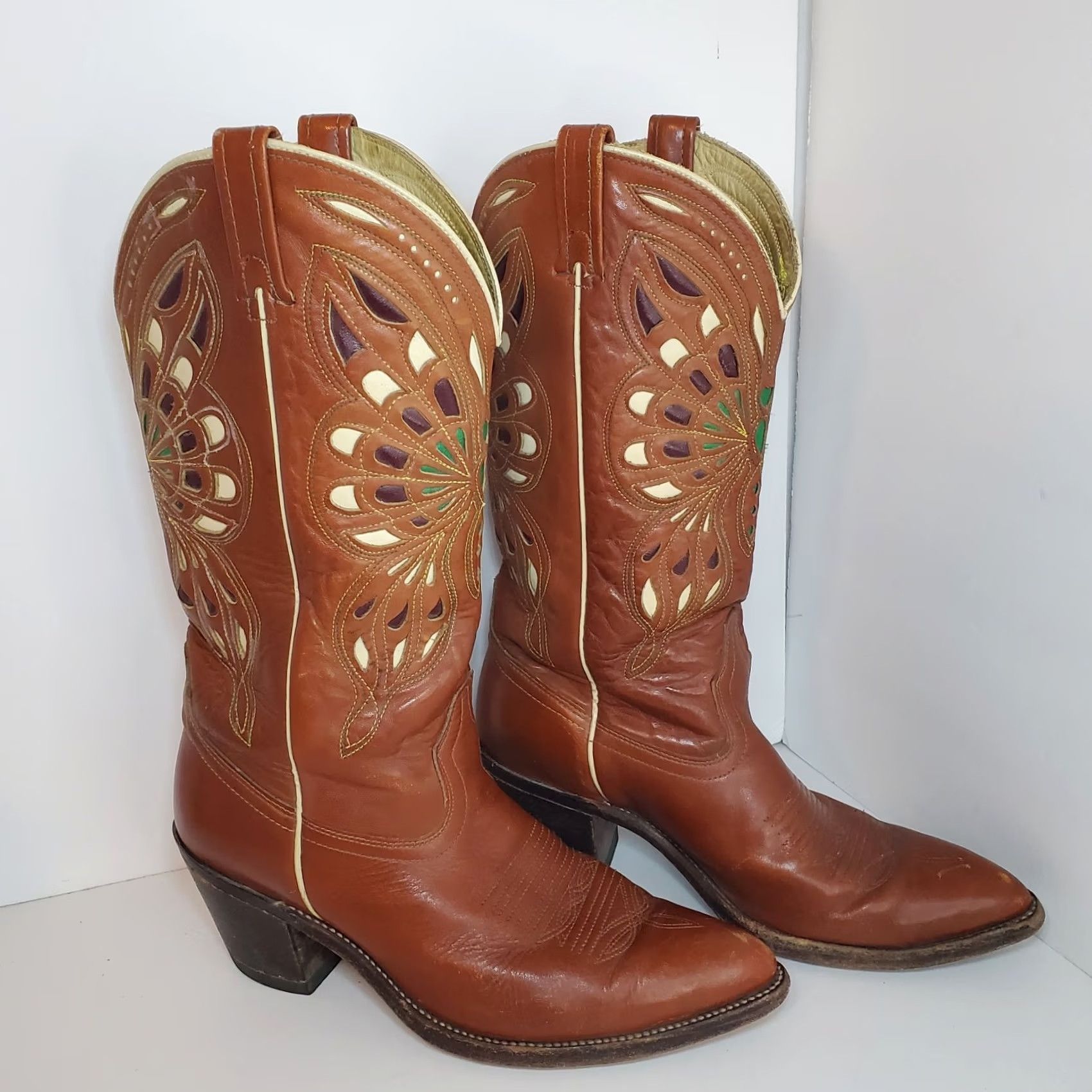 Vintage VINTAGE Acme Butterfly Inlay Brown Red Mens 9/W10.5 Cowboy Western Boots Mid-Calf Leather Pointed Toe Pull On 1950s Limited Edition Size US 9 / IT 39 - 5 Thumbnail
