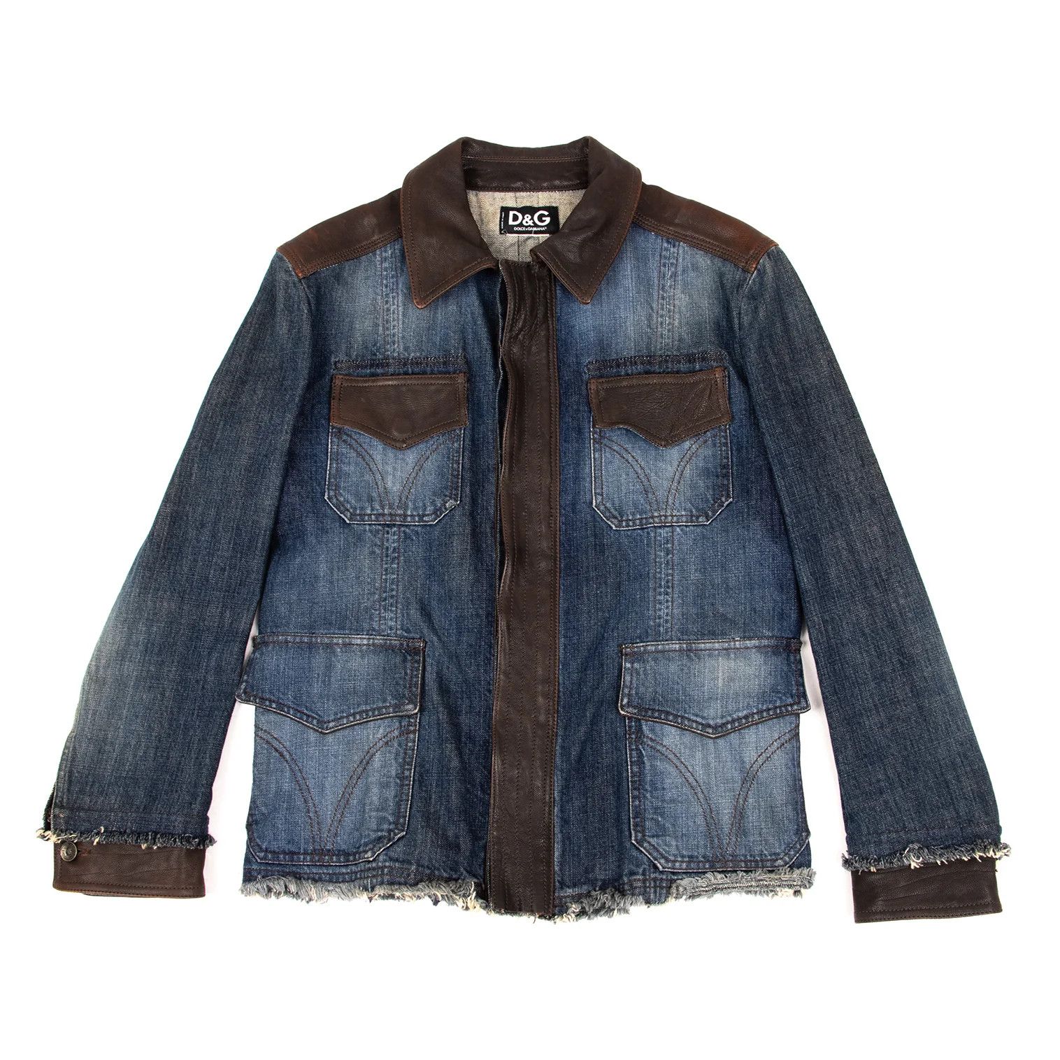 Dolce & Gabbana Cut Design Leather-Trim Denim Jacket Indigo Size M Size US M / EU 48-50 / 2 - 1 Thumbnail