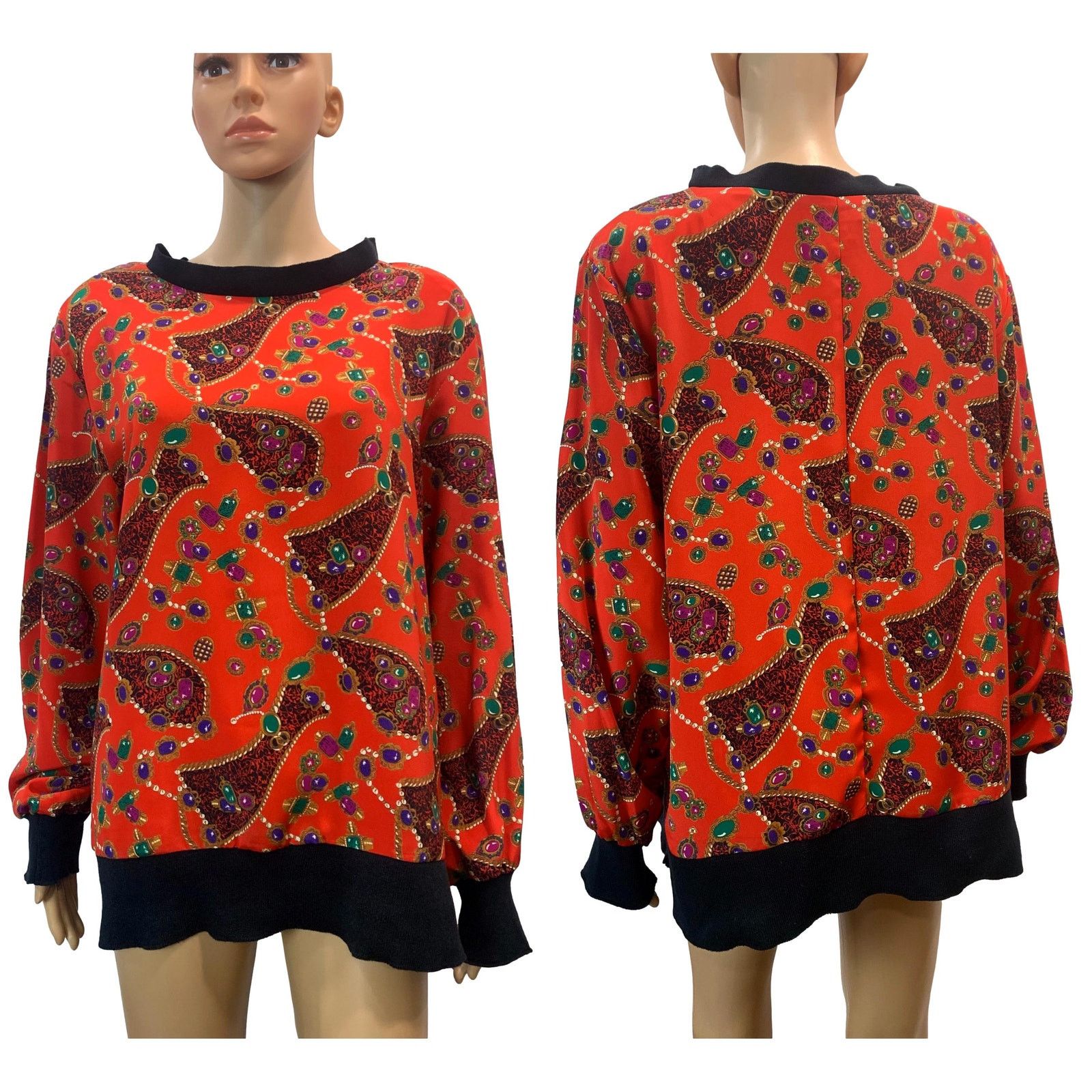 Vintage 80s Oversized Jewel Print Pullover Tunic | Silky Size M / US 6-8 / IT 42-44 - 1 Thumbnail