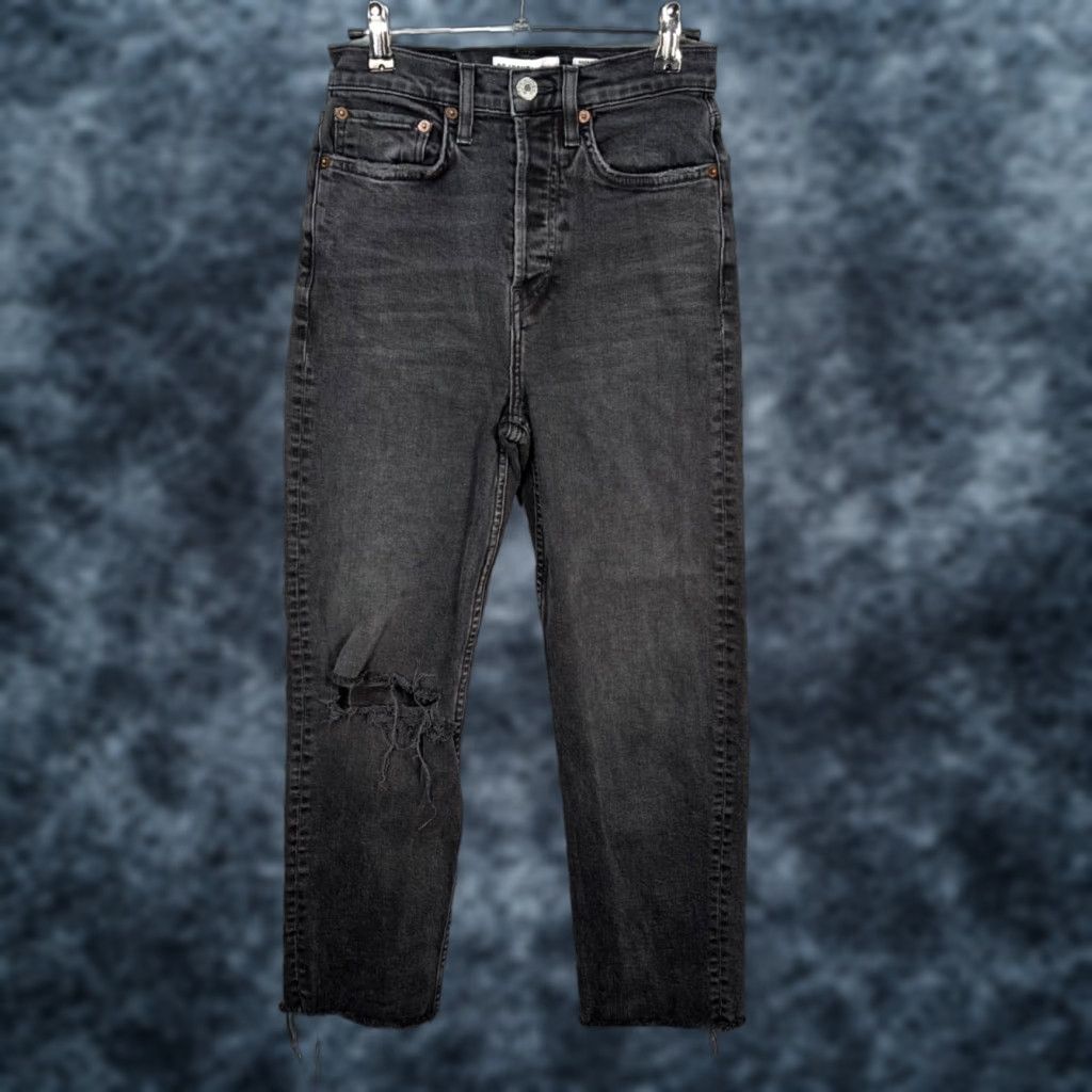 RE/DONE Re/Done Womens Jeans Distressed Black Denim 26 Straight High Rise 5-Pocket Button Dark Wash Vintage No N/A Size 26" / US 2 / IT 38 - 1 Thumbnail