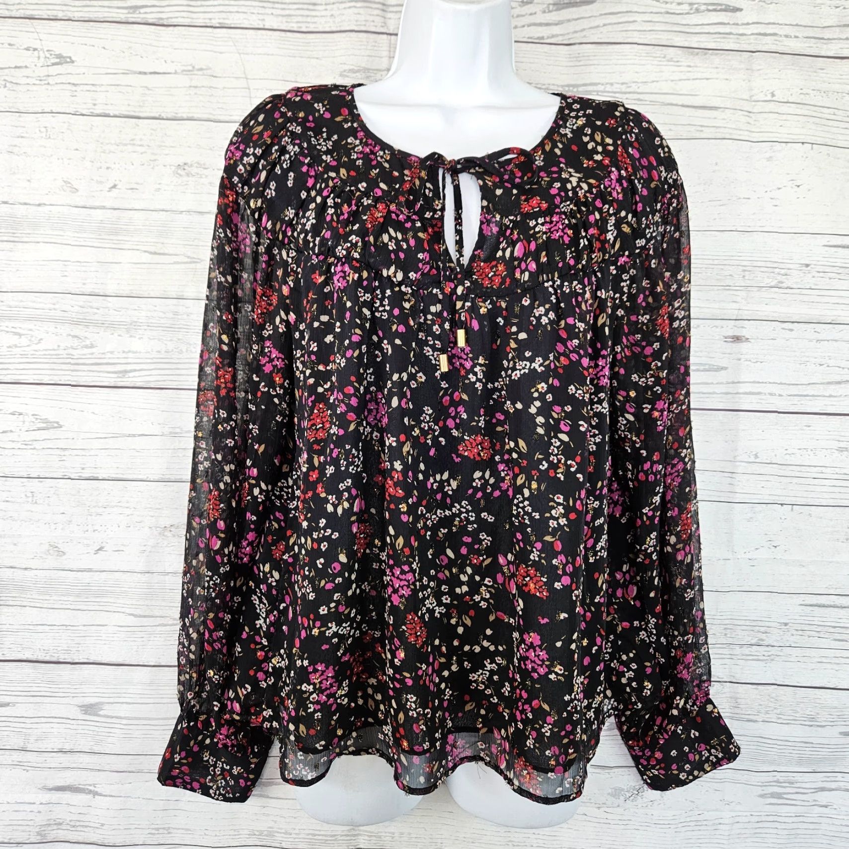 Ann Taylor Ann Taylor Womens Top Sz Medium Black Pink Floral Long Sleeve Shirt Blouse Women's M Black Floral Long Sleeve Size M / US 6-8 / IT 42-44 - 2 Thumbnail