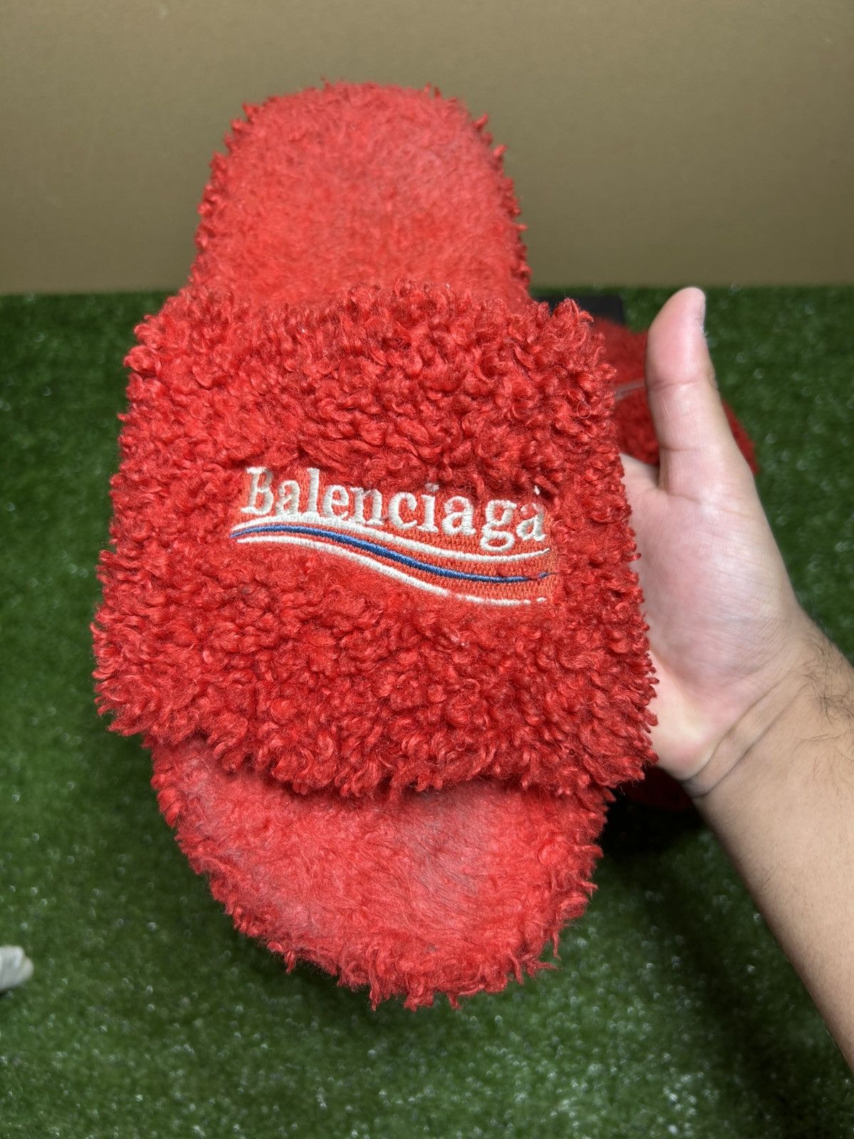 Balenciaga furry slides red