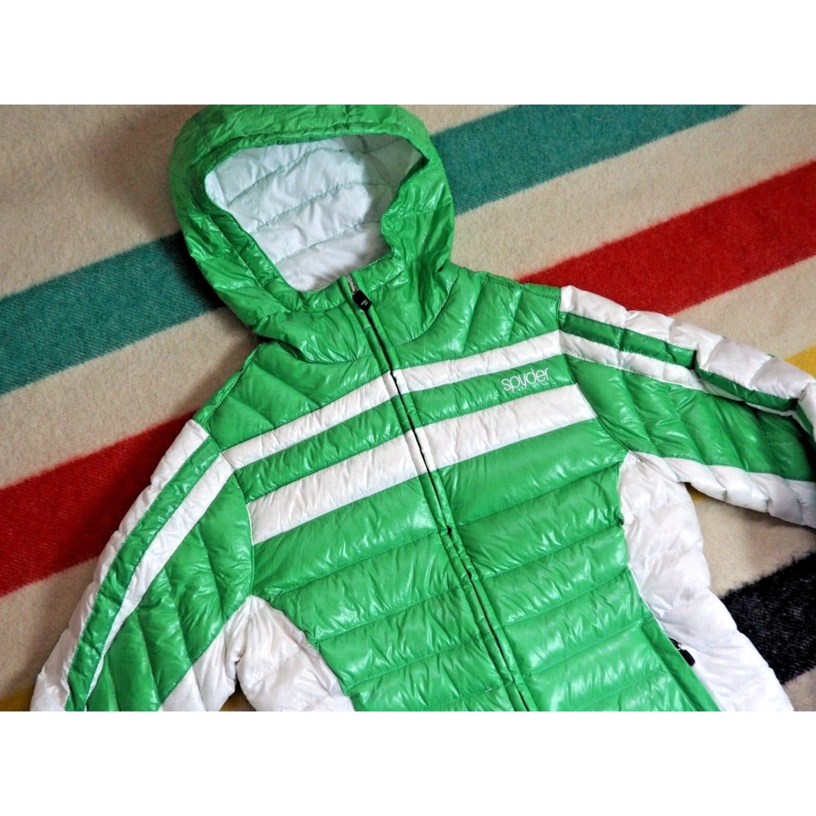 Spyder SPYDER Green White Striped Down Zip Outdoor Logo Puffer Jacket Womens S Size S / US 4 / IT 40 - 6 Thumbnail