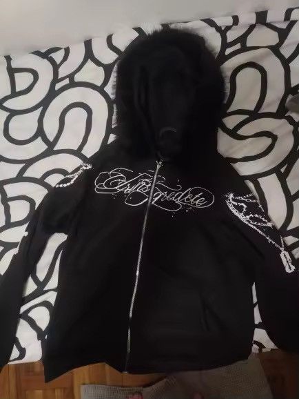 Japanese Brand Faux Fur Hooded Jacket With Cross Print Trendy Edgy Size US XL / EU 56 / 4 - 4 Thumbnail
