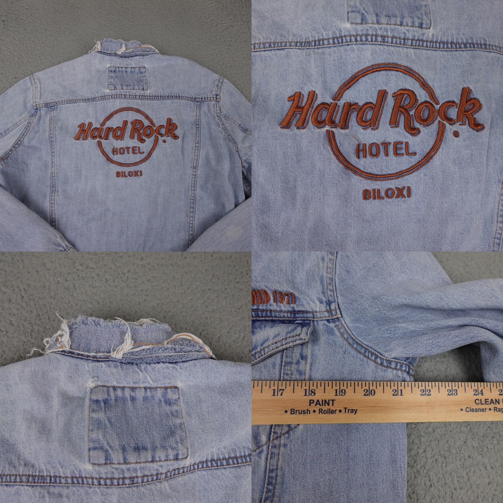 Hard Rock Cafe Hard Rock Hotel Mens Large Blue Denim Jacket Distressed Biloxi Patch Light Size US L / EU 52-54 / 3 - 8 Thumbnail
