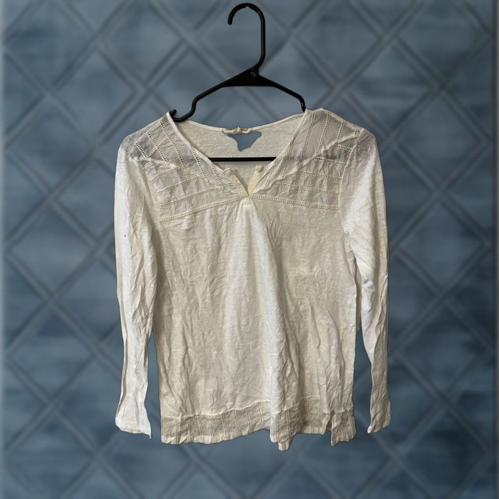 Vintage VINTAGE Hem & Thread Ivory Lace Blouse Women's Small Scoop Neck Long Sleeve Cotton Nylon Sheer 90s Casual Party Size S / US 4 / IT 40 - 1 Thumbnail