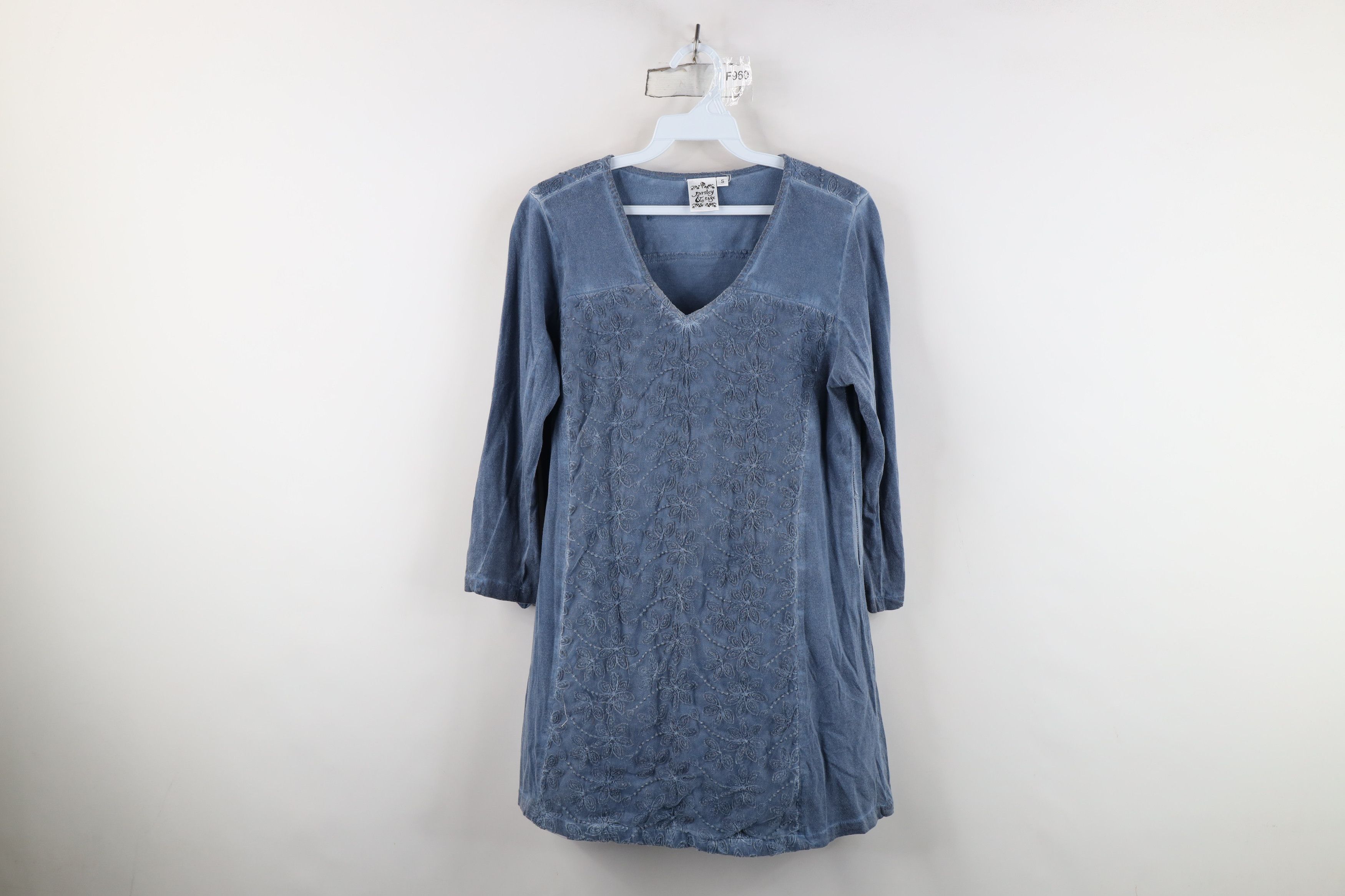 Vintage Vintage 90s Y2K Lagenlook Lace Flower Knit T-Shirt Blue Size S / US 4 / IT 40 - 1 Thumbnail