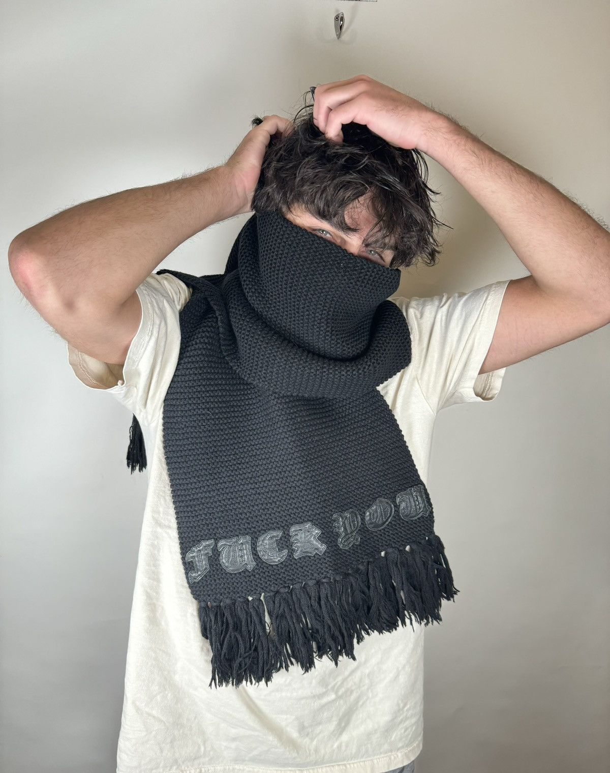 Chrome Hearts 🚭INSANE OG CHROME GRAIL🚭”FUCK YOU” KNIT LEATHER/WOOL SCARF Size ONE SIZE - 1 Thumbnail