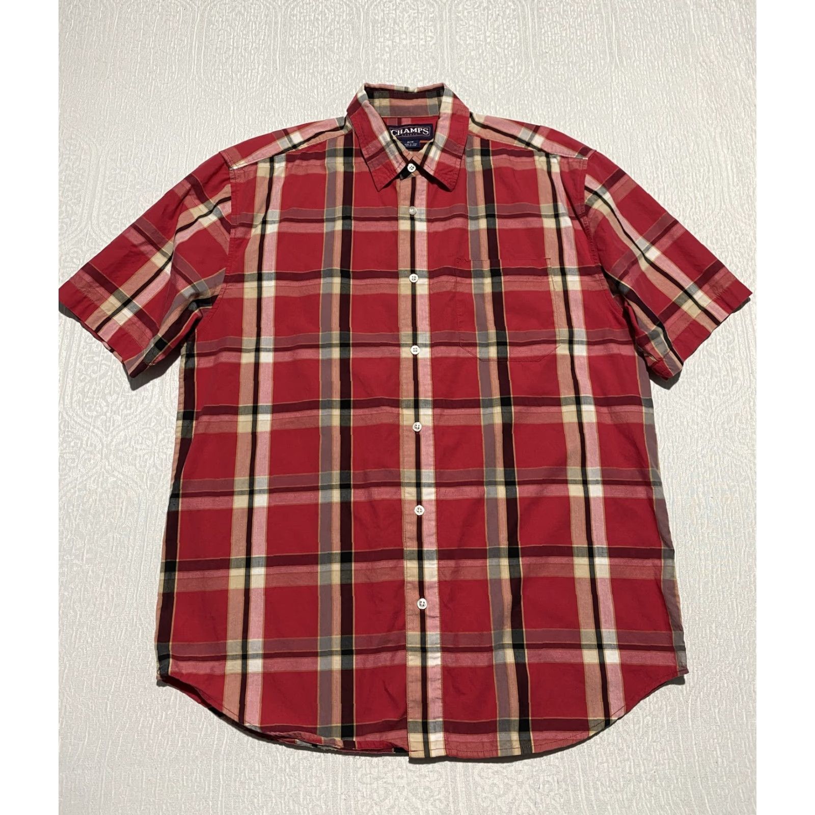 Vintage Champs Shirt Mens Medium Red Plaid Button-Down Short Sleeve Casual Pocket Cotton Size US M / EU 48-50 / 2 - 2 Thumbnail