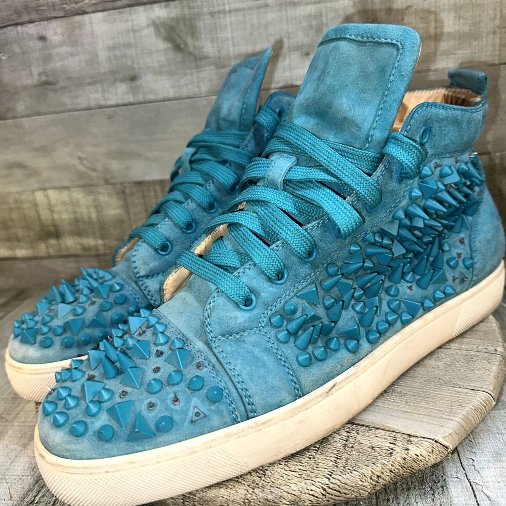 Christian Louboutin VINTAGE Men’s Teal Spike Christian Louboutin Louis Pik Pik Sneaker US11.5 EU44.5 Mens Casual Spikes Leather Italy Turquoise 90s Size US 12 / EU 45 - 5 Thumbnail