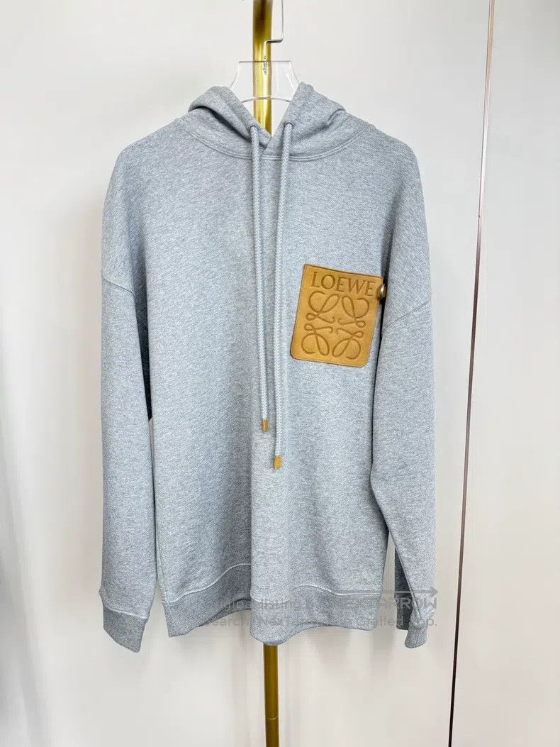 Loewe Gray Leather Pocket Large Logo Hoodie with Hood