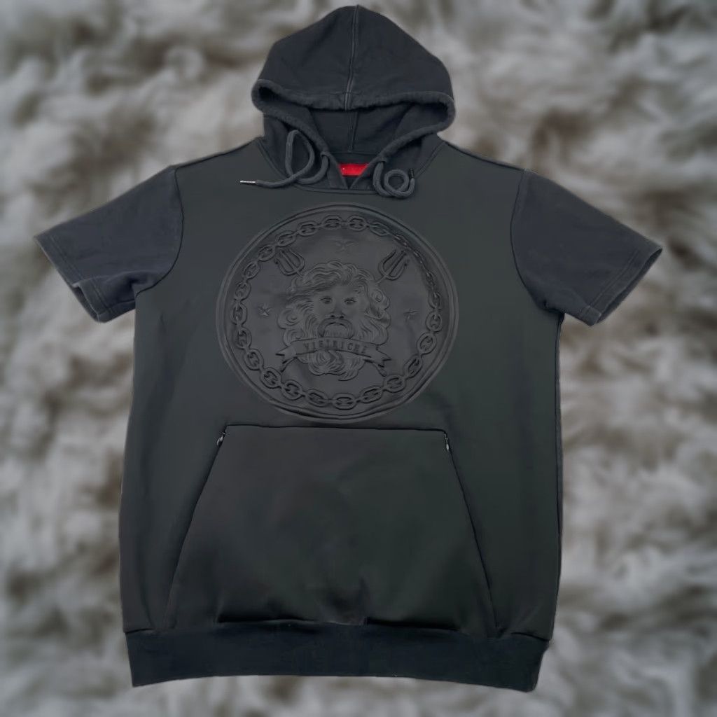 Vie + Riche Men's Hoodie Short Sleeve Pullover Black 100% Cotton Medium Front Back Logo Pockets Regular Vintage No N/A