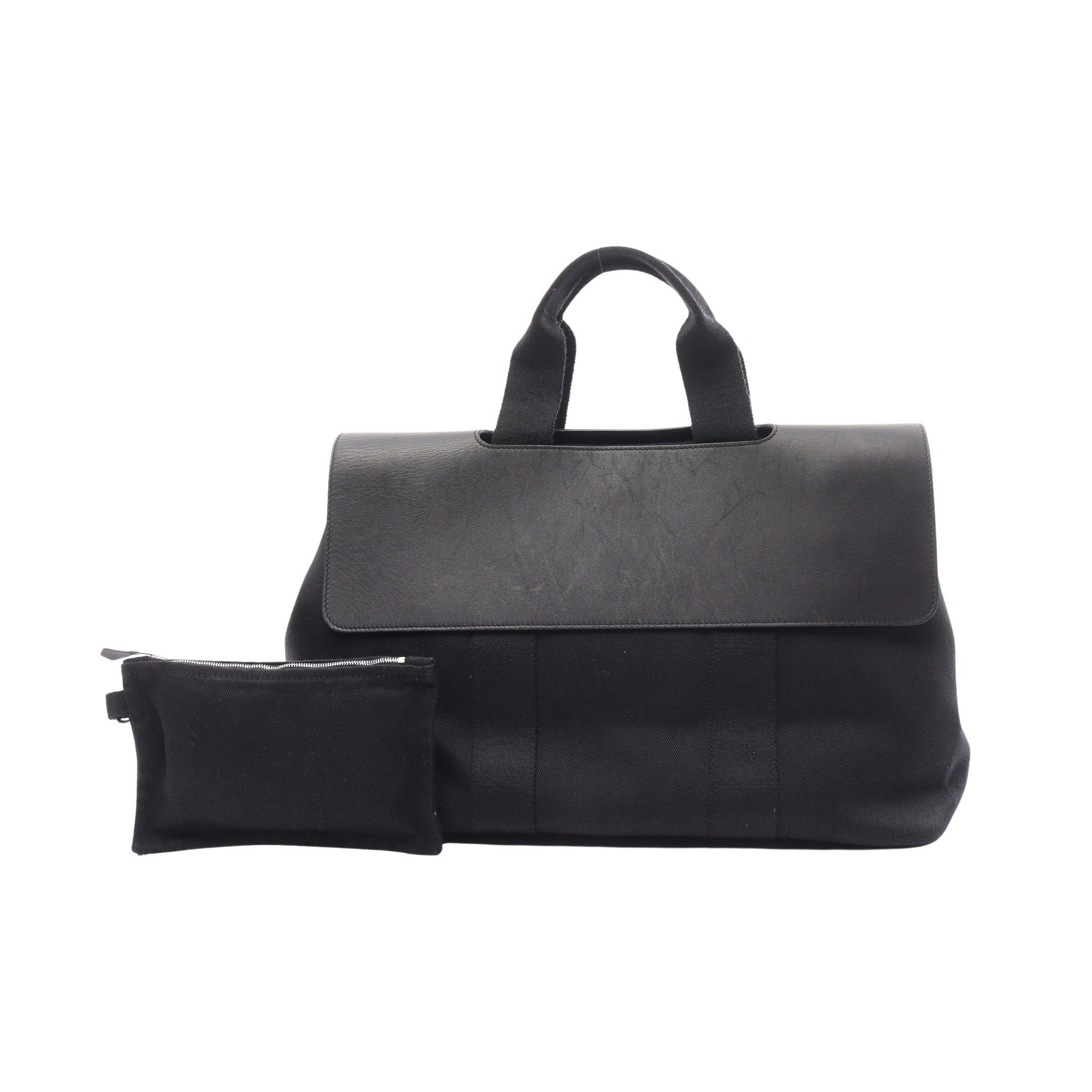 image of Hermes Valparaiso Gm Handbag Toile Chevron Leather Black Silver Hardware, Women's