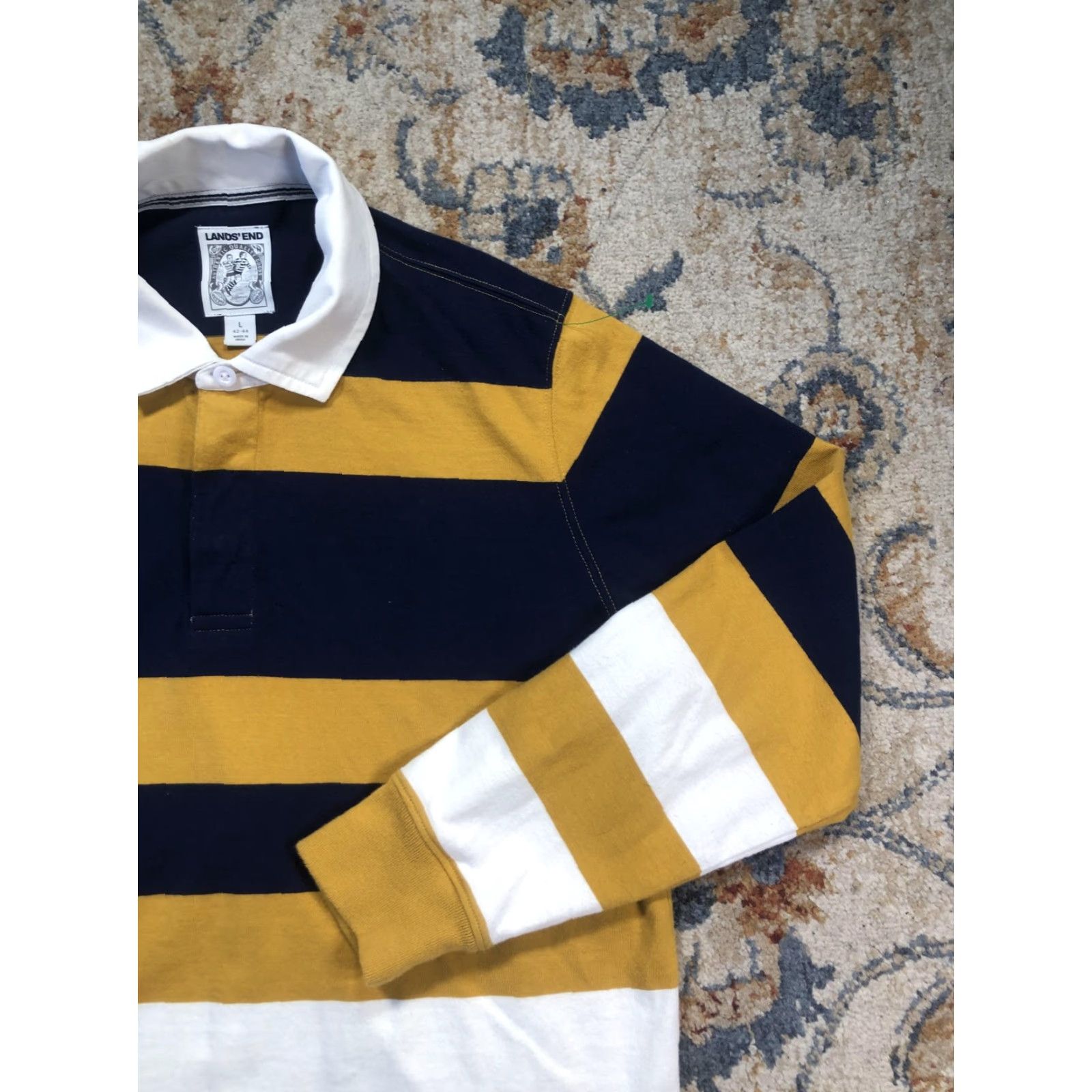 Lands' End Lands' End Polo Shirt Mens L Multicolor Striped Rugby Long Sleeve Yellow Navy White Pattern Button Collar Casual Size US L / EU 52-54 / 3 - 4 Thumbnail