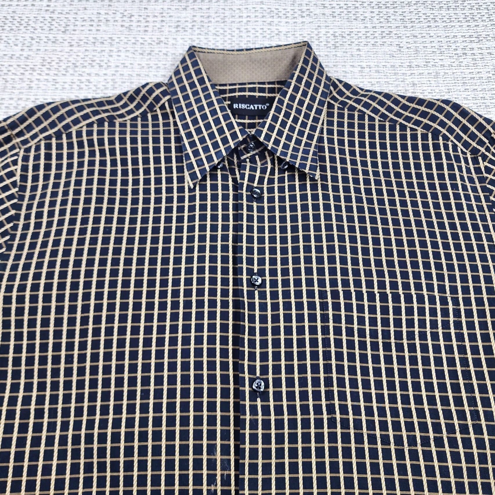 Vintage Riscatto Shirt Mens Large Navy Tan Check Dress Button Up Long Sleeve Cotton Size 42R - 3 Thumbnail