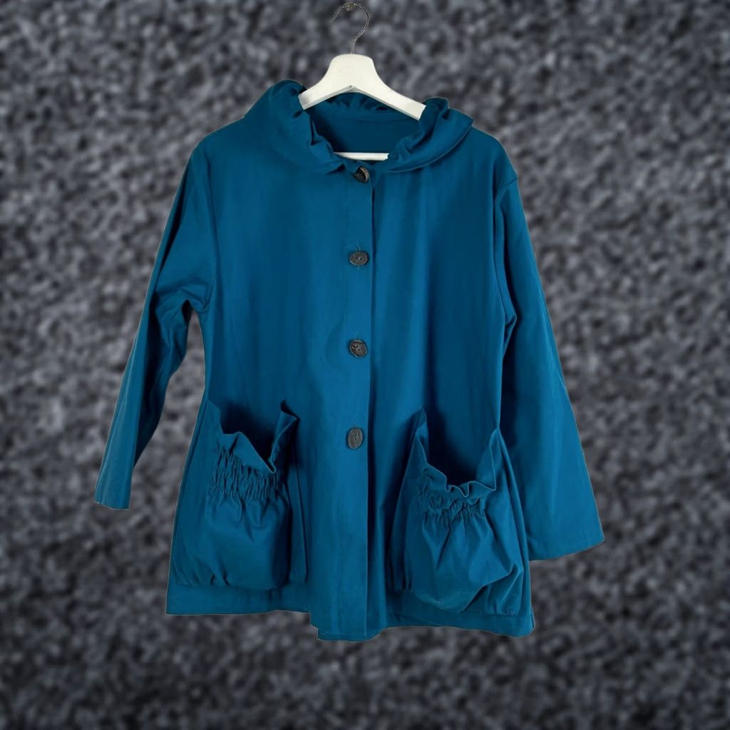 Altea XIAO Womens Teal Button-Up Jacket L/XL Ruffle Collar Elastic Pockets Lightweight Blue Jacket Womens Boys? Size L / US 10 / IT 46 - 1 Thumbnail
