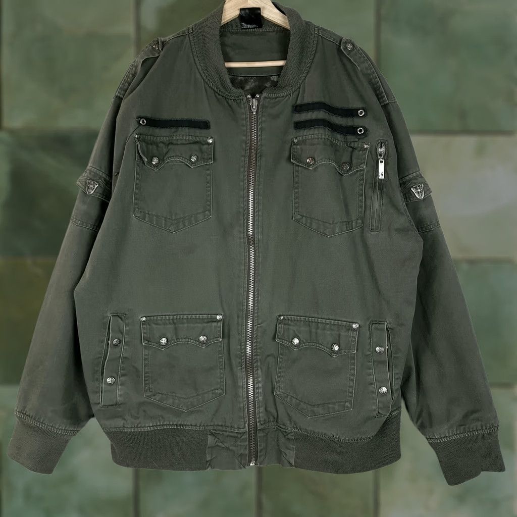 Affliction Blac Label Bomber Jacket Mens 3XL Green Gothic Skull Biker Studded Affliction Size US XXL / EU 58 / 5 - 1 Thumbnail